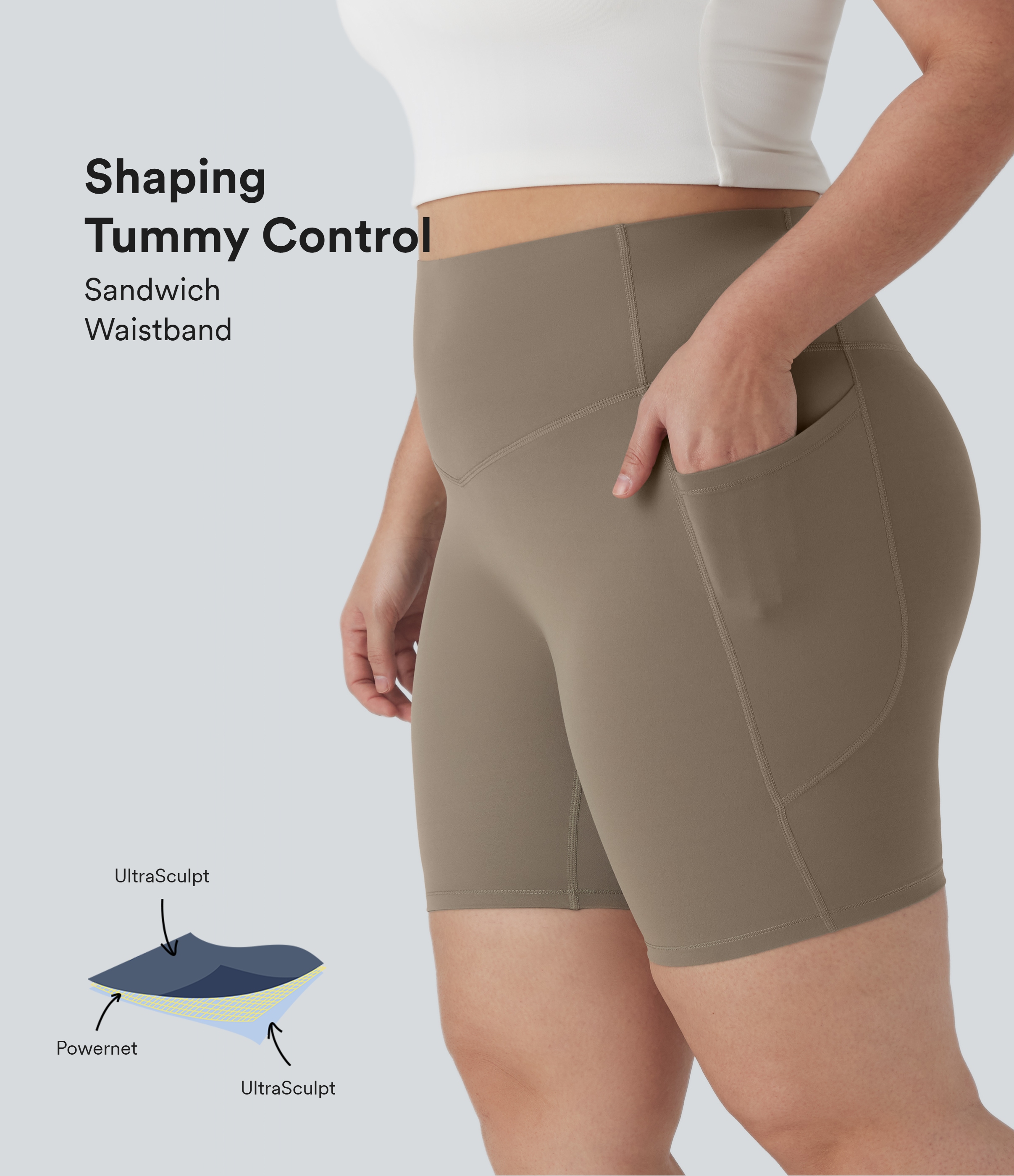 Shorts biker Halara UltraSculpt™ moldeadores de tiro alto con bolsillos laterales para tallas grandes en longitud 17.5cm