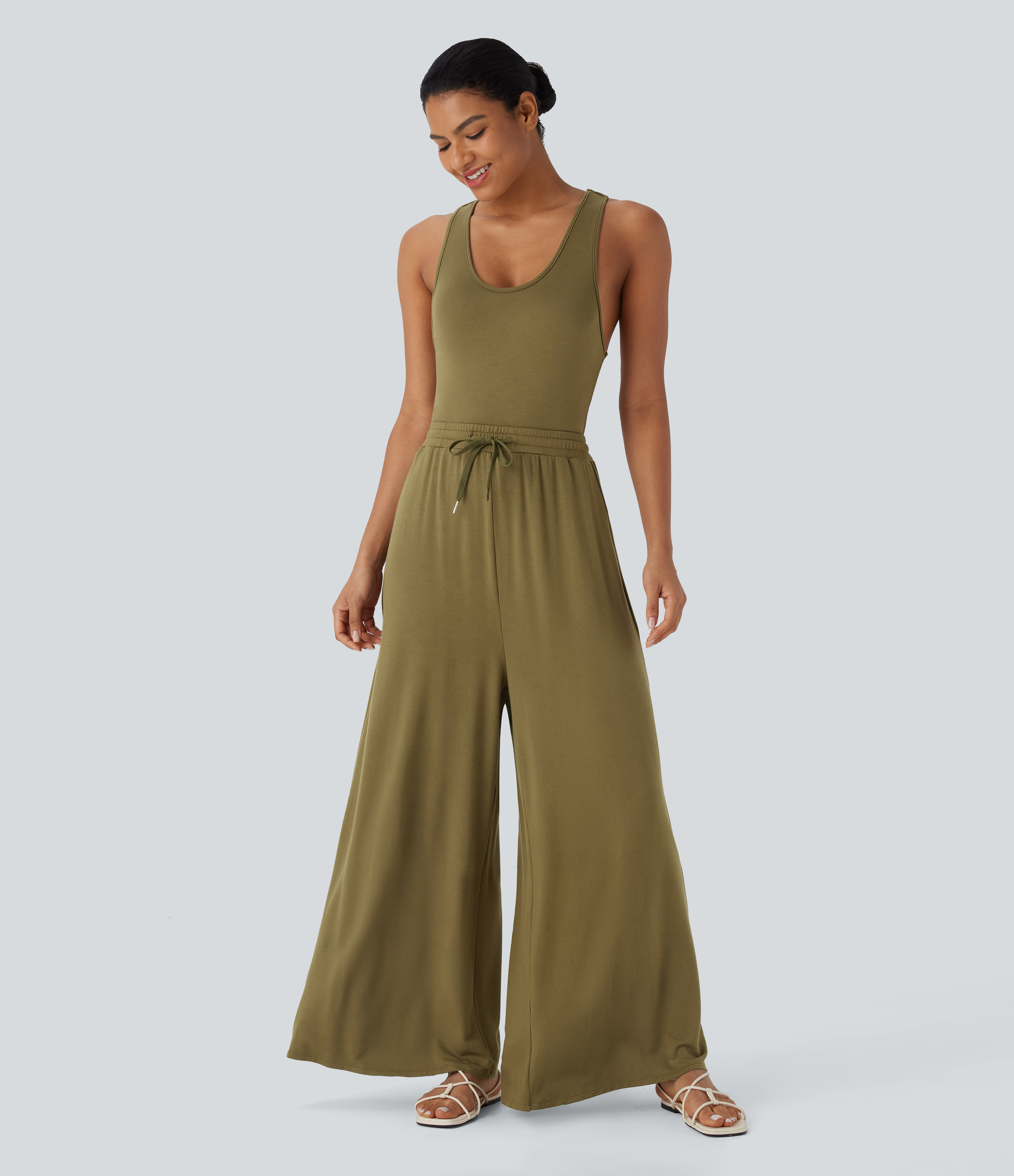 U Neck Backless Racerback Drawstring Casual Jumpsuit with Back Pockets