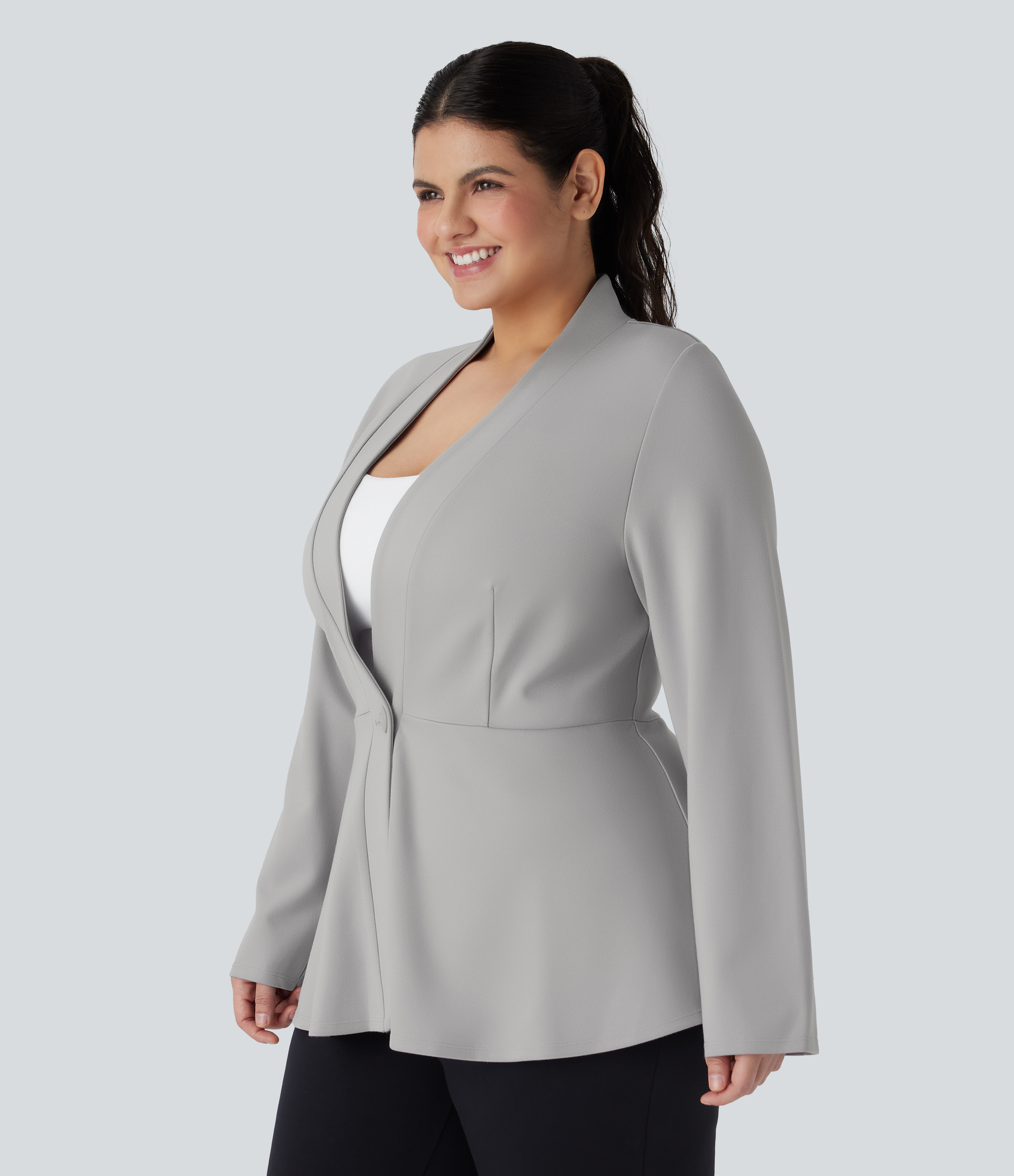 Plus Size V Neck Long Sleeve Single Front Work Peplum Jacket