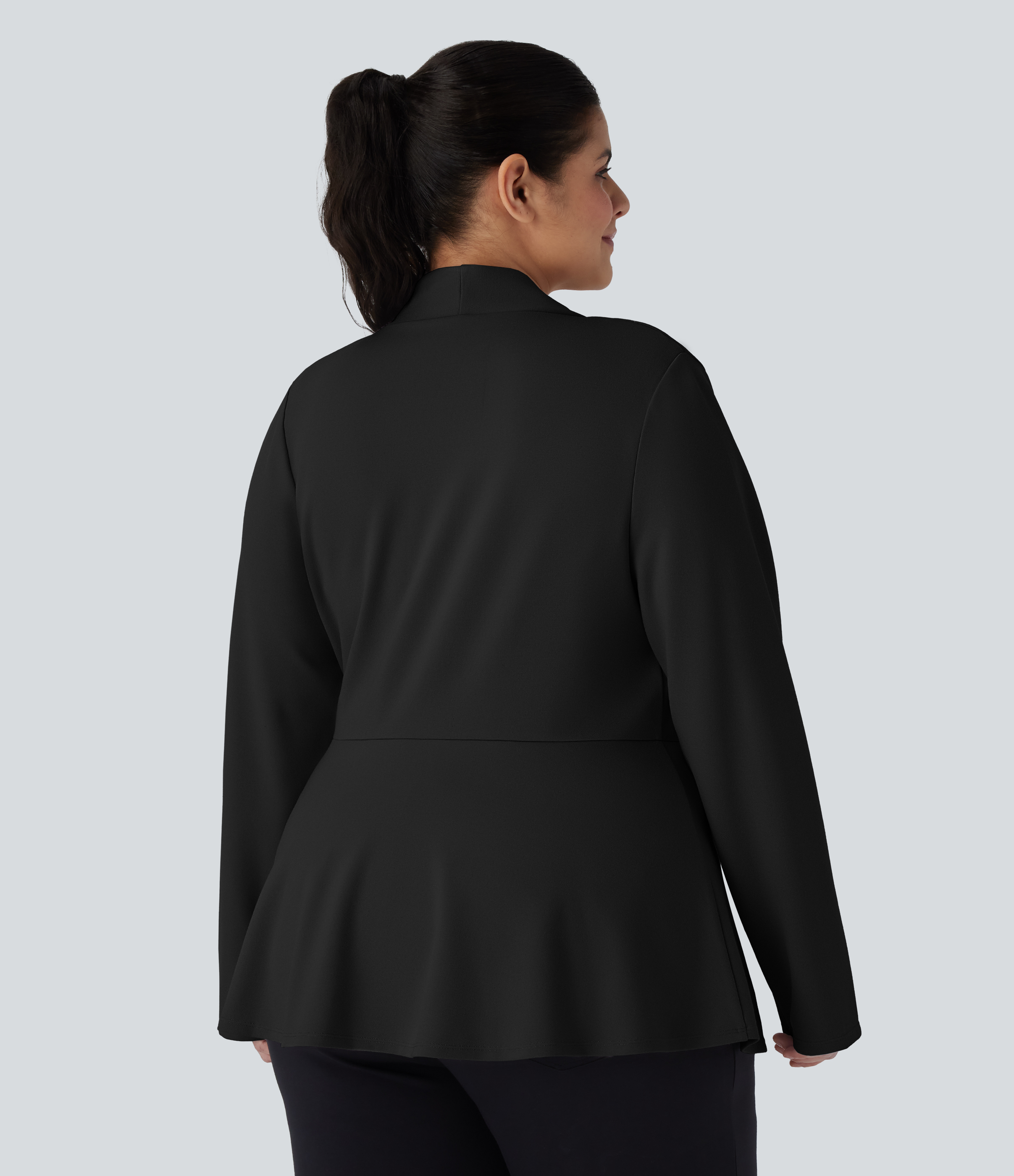 Negro Chaqueta de oficina peplum de manga larga con cuello en V con botón en tallas grandes / 2