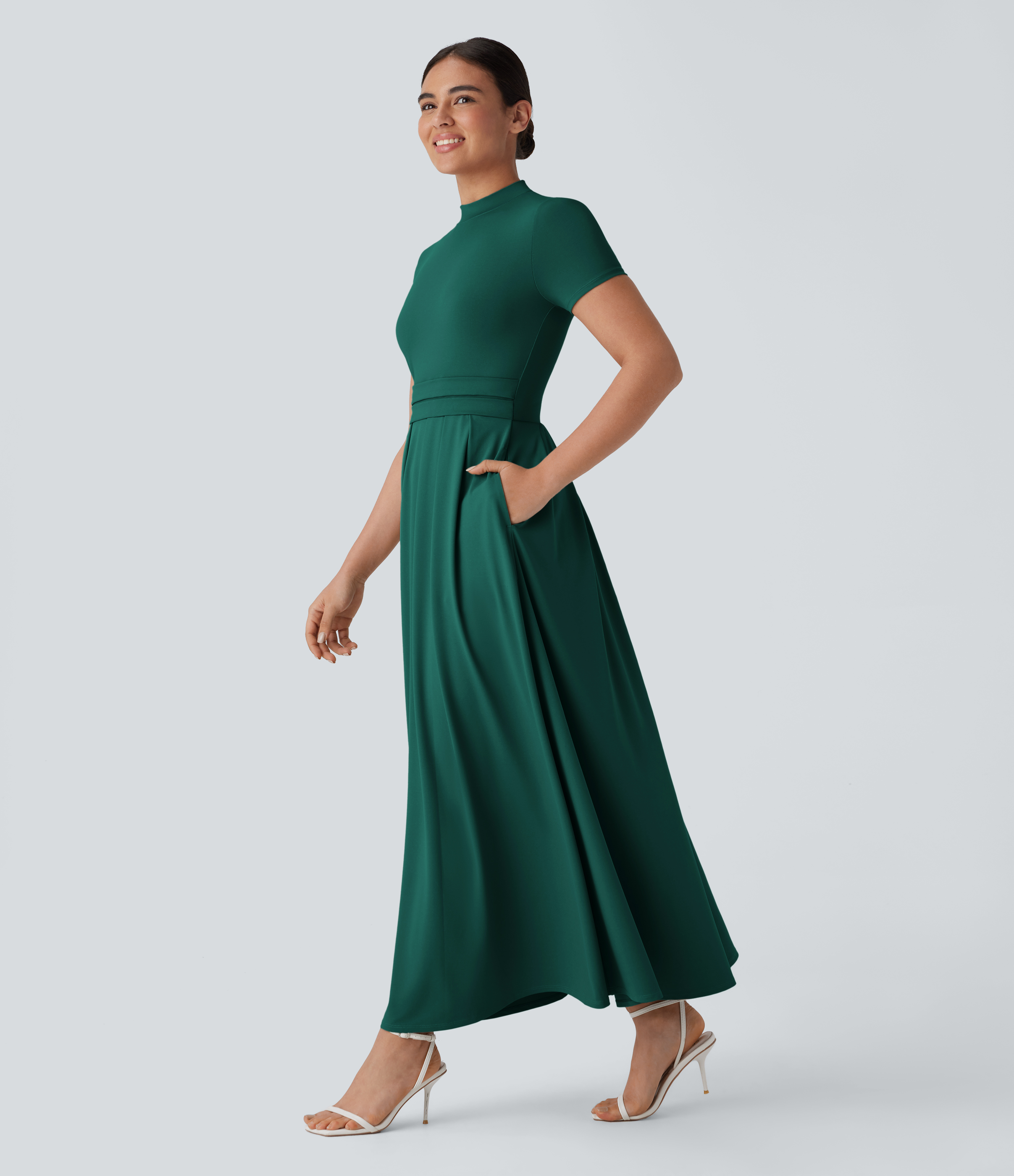 Stand Collar Short Sleeve Flare Women Long Maxi Casual Dress With Pockets