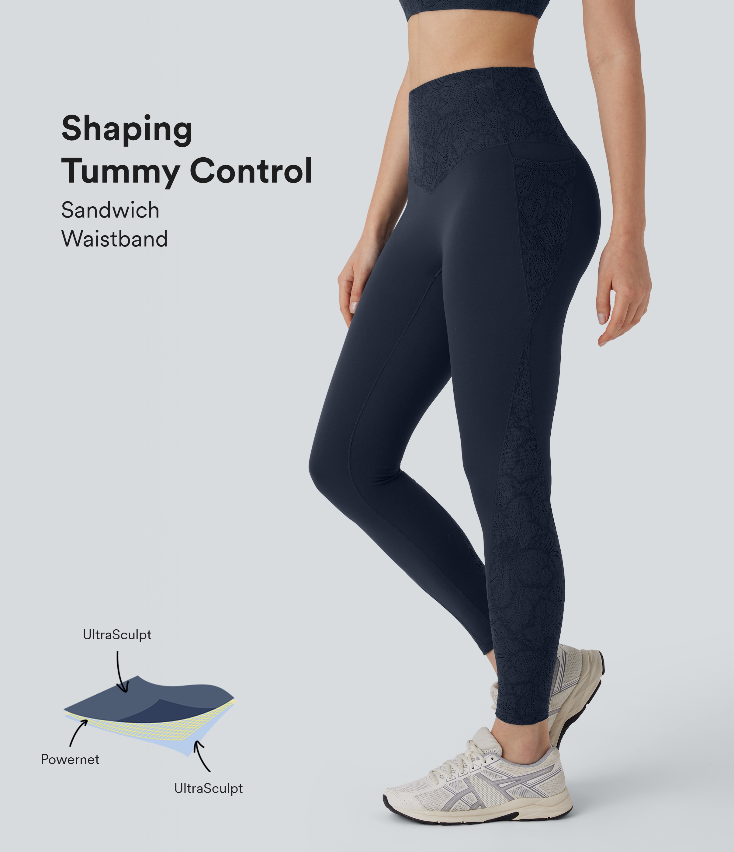 Halara UltraSculpt™ SoCinched Ψηλόμεσο Κολάν Ελέγχου Κοιλιάς με Αντίθεση Δαντέλας και Τσέπες για Διαμόρφωση και Προπόνηση