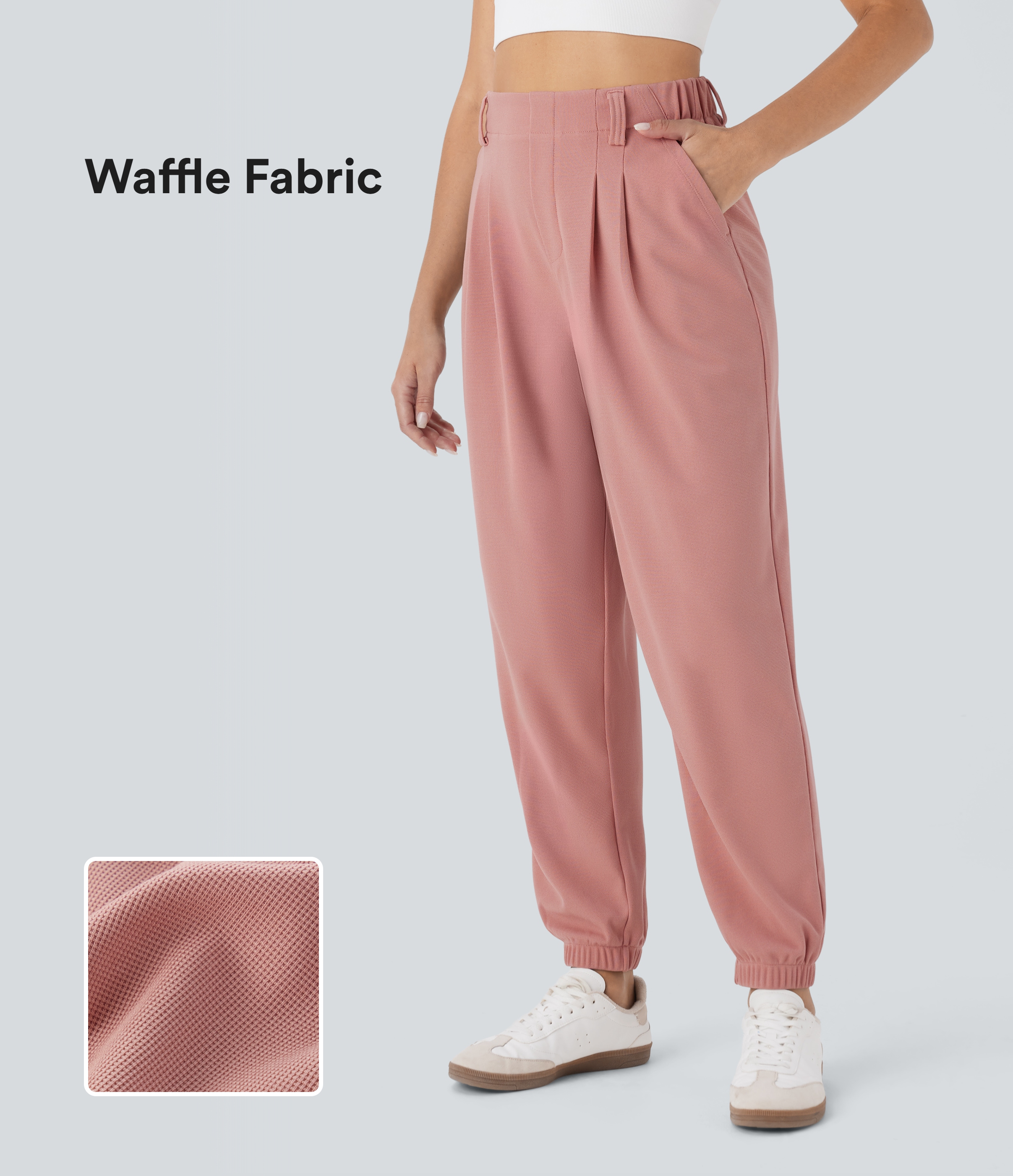 Joggers casuales de tiro alto ajustados en tela gofre con bolsillos