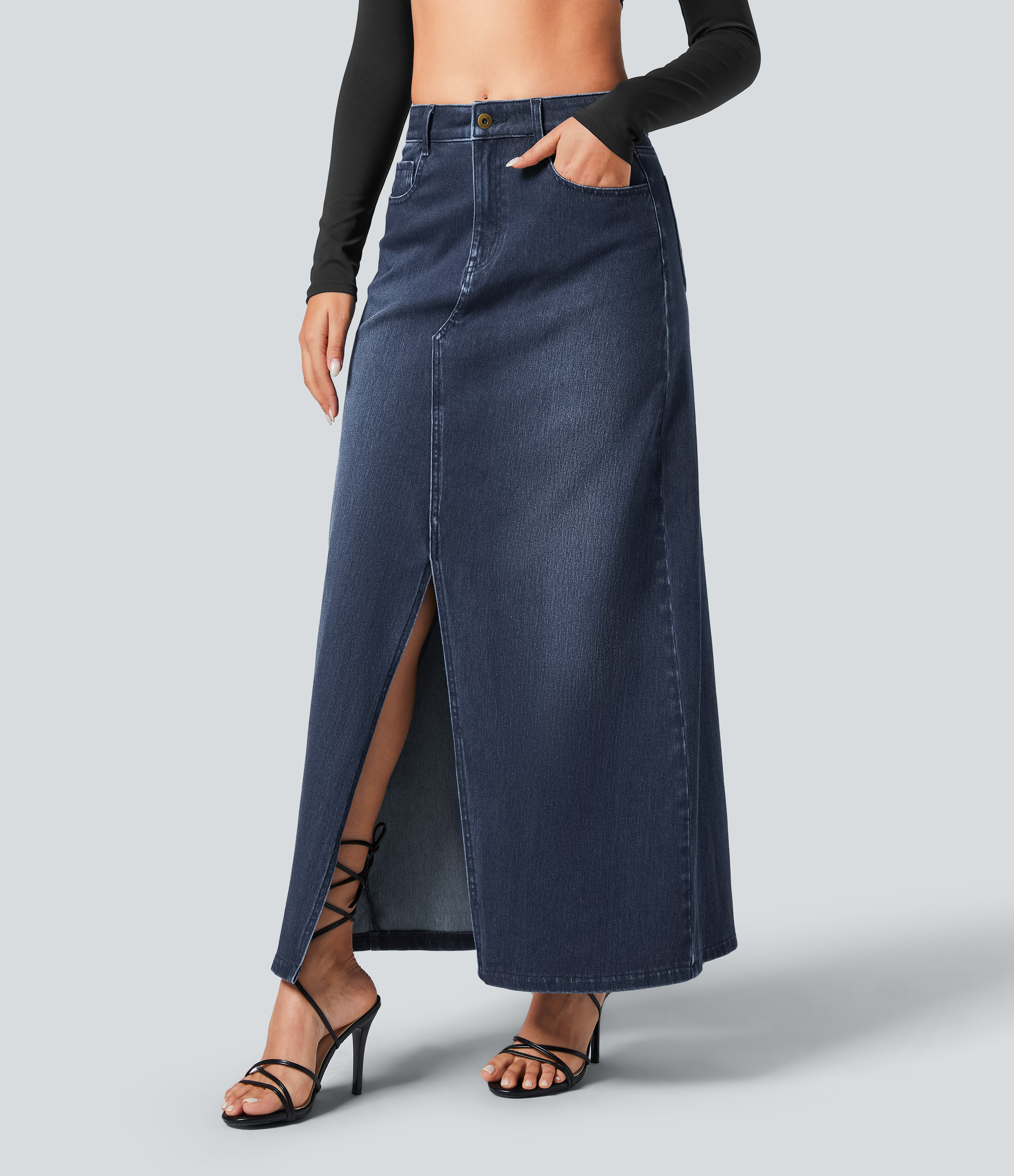Halara Flex™ Mid-Rise Button Zipper Multi-Pocket Split A-Line Stretch Knit Denim Maxi Casual Skirt
