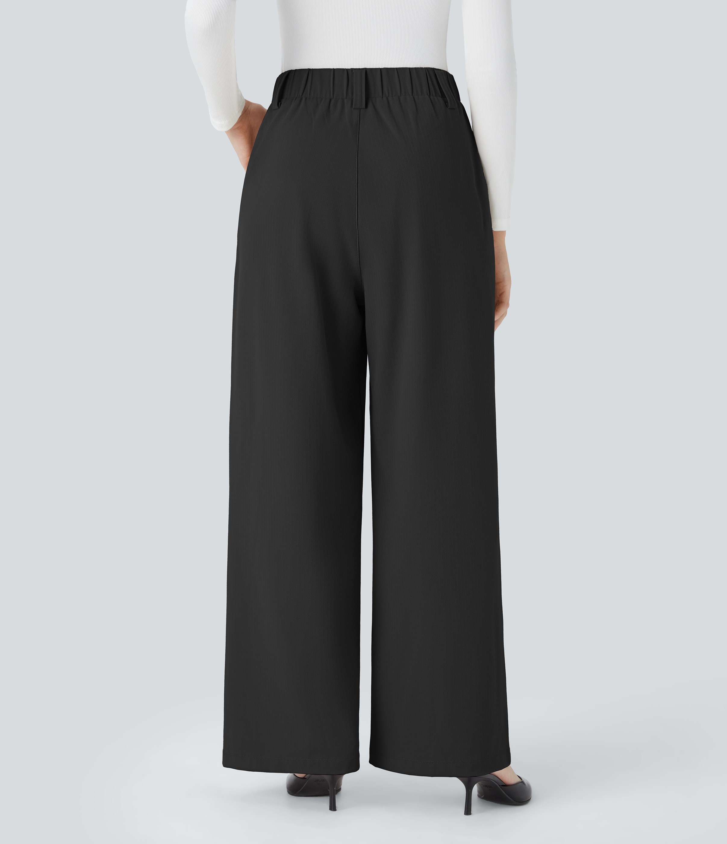 Black Halara Flex™ ハイウエスト プリーツサイドポケット ヘリンボーン ワイドレッグ ワークパンツ / 2