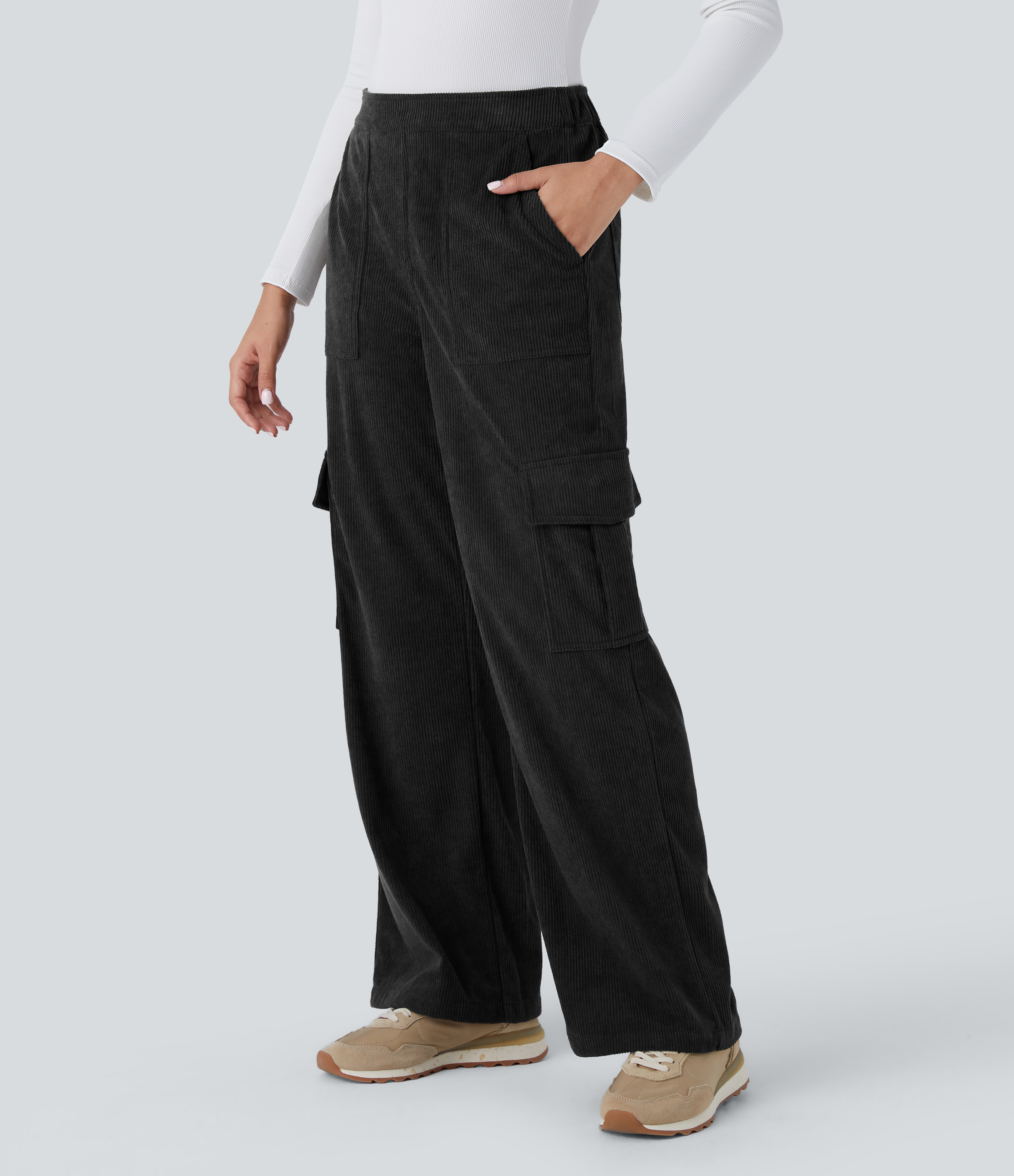 Women's Mid Rise Pockets Straight Leg Corduroy Casual Cargo