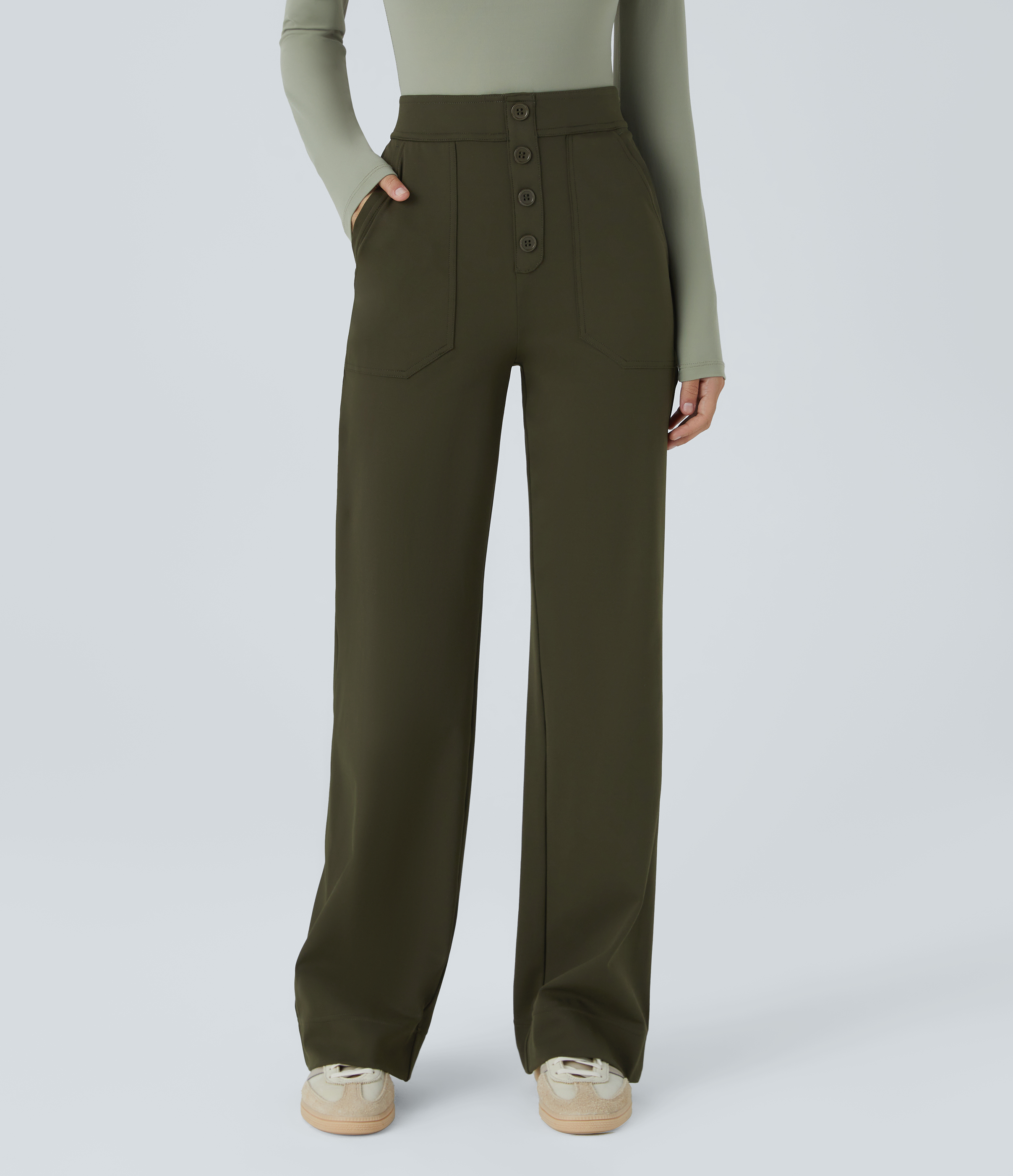 Forest Night DayStretch High Waisted Pockets Straight Leg Casual Trousers / 1