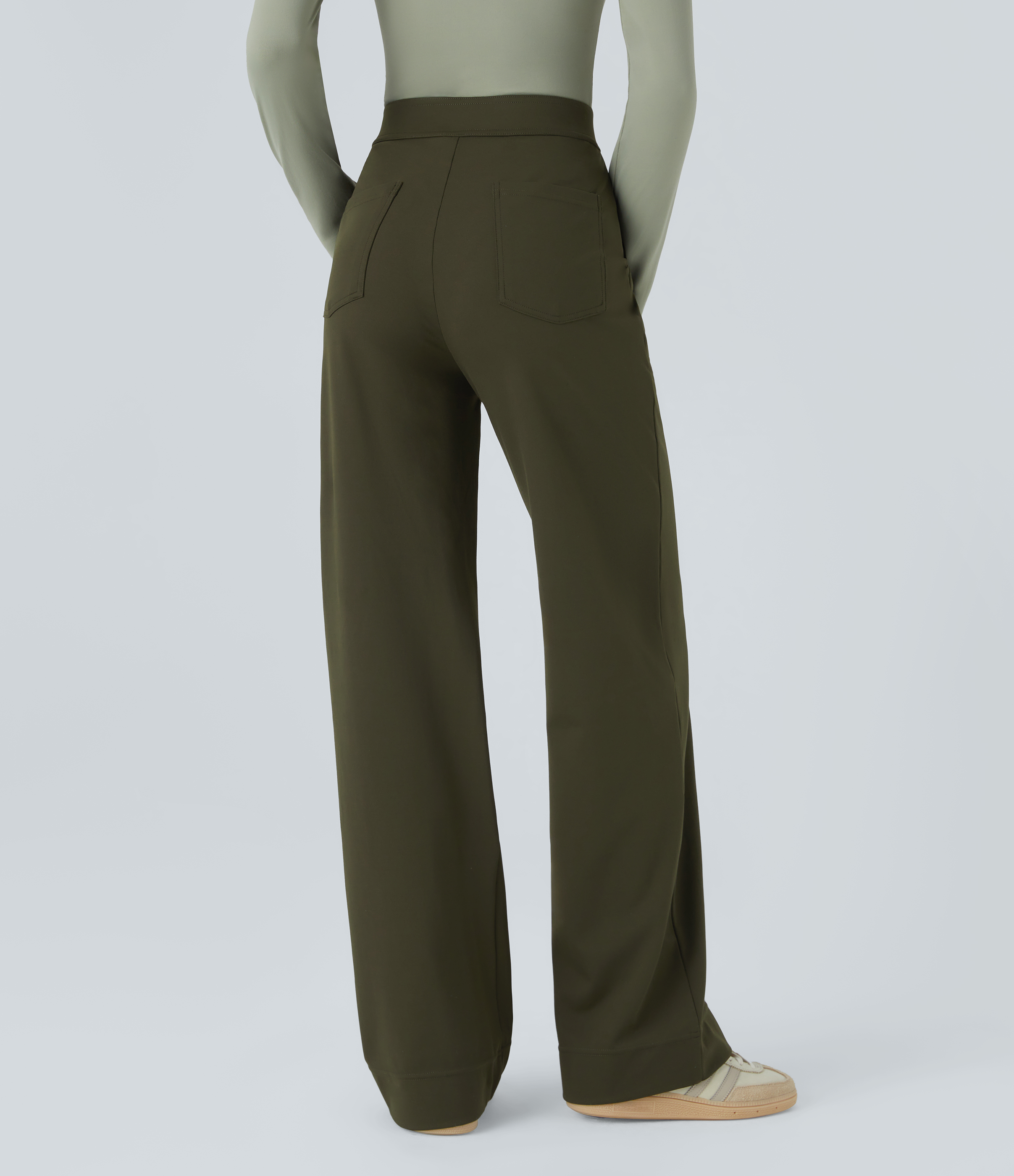 Forest Night DayStretch High Waisted Pockets Straight Leg Casual Trousers / 2