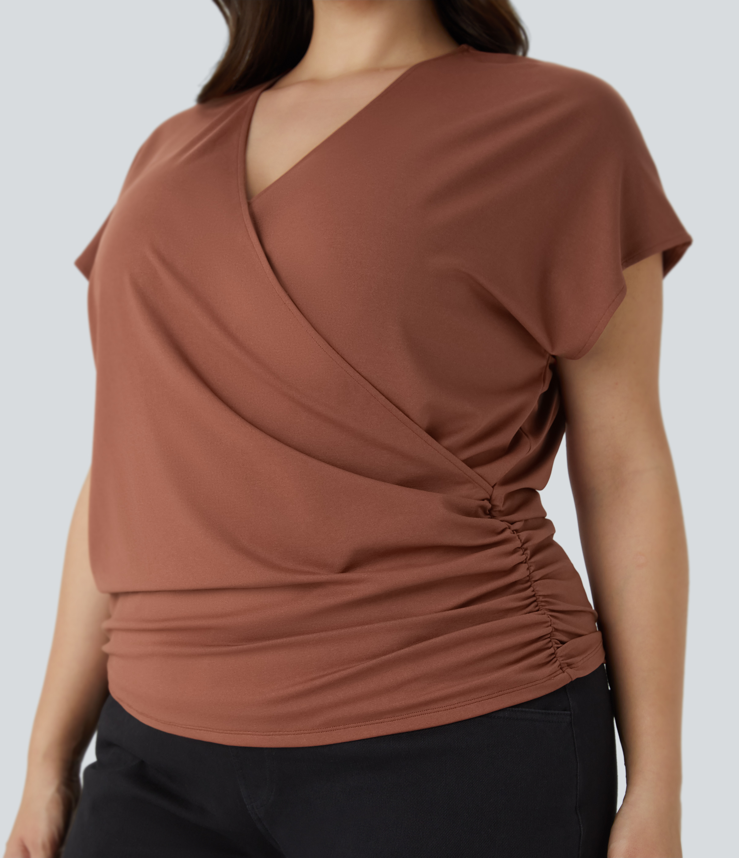 Women's V Neck Cap Sleeve Crossover Ruched Solid Work Plus