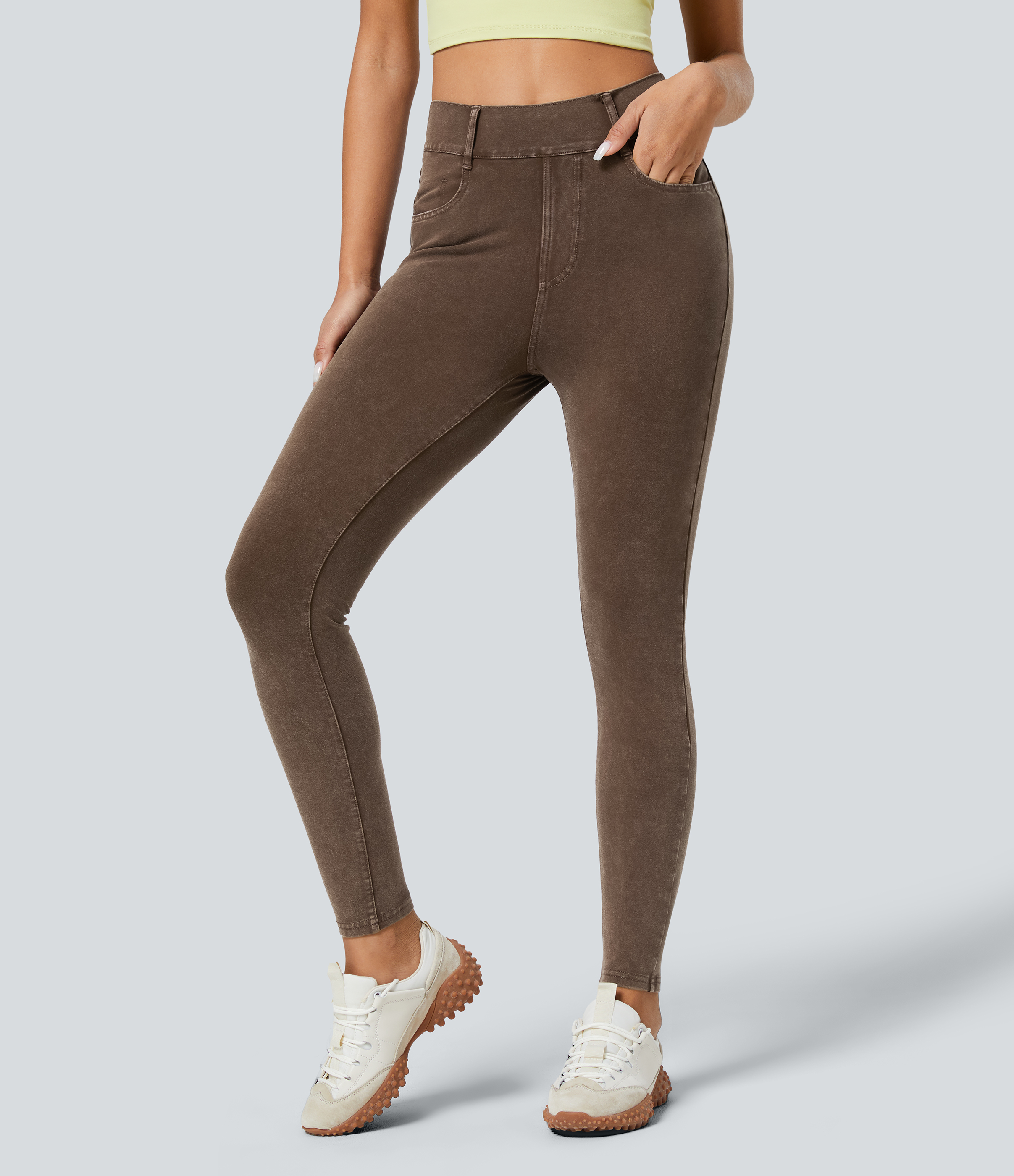 Brown Denim Halara Flex™ πλυμένο casual skinny τζιν από ελαστικό πλεκτό denim, με ψηλό καβάλο και πολλαπλές τσέπες / 2