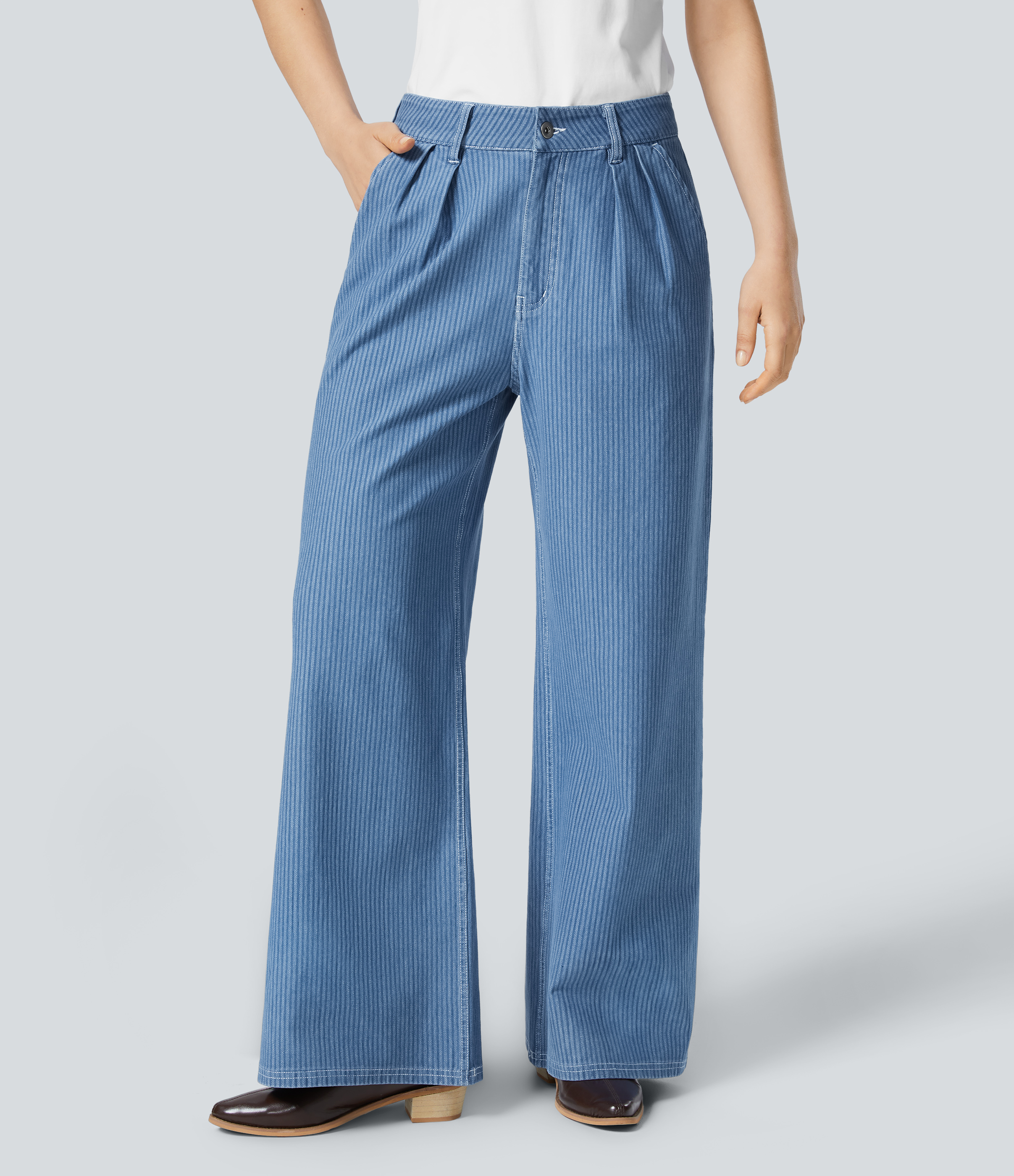 Halara Flex™ 하이웨이스트 멀티플 포켓 스트라이프 워시드 스트레치 니트 캐주얼 와이드 청바지