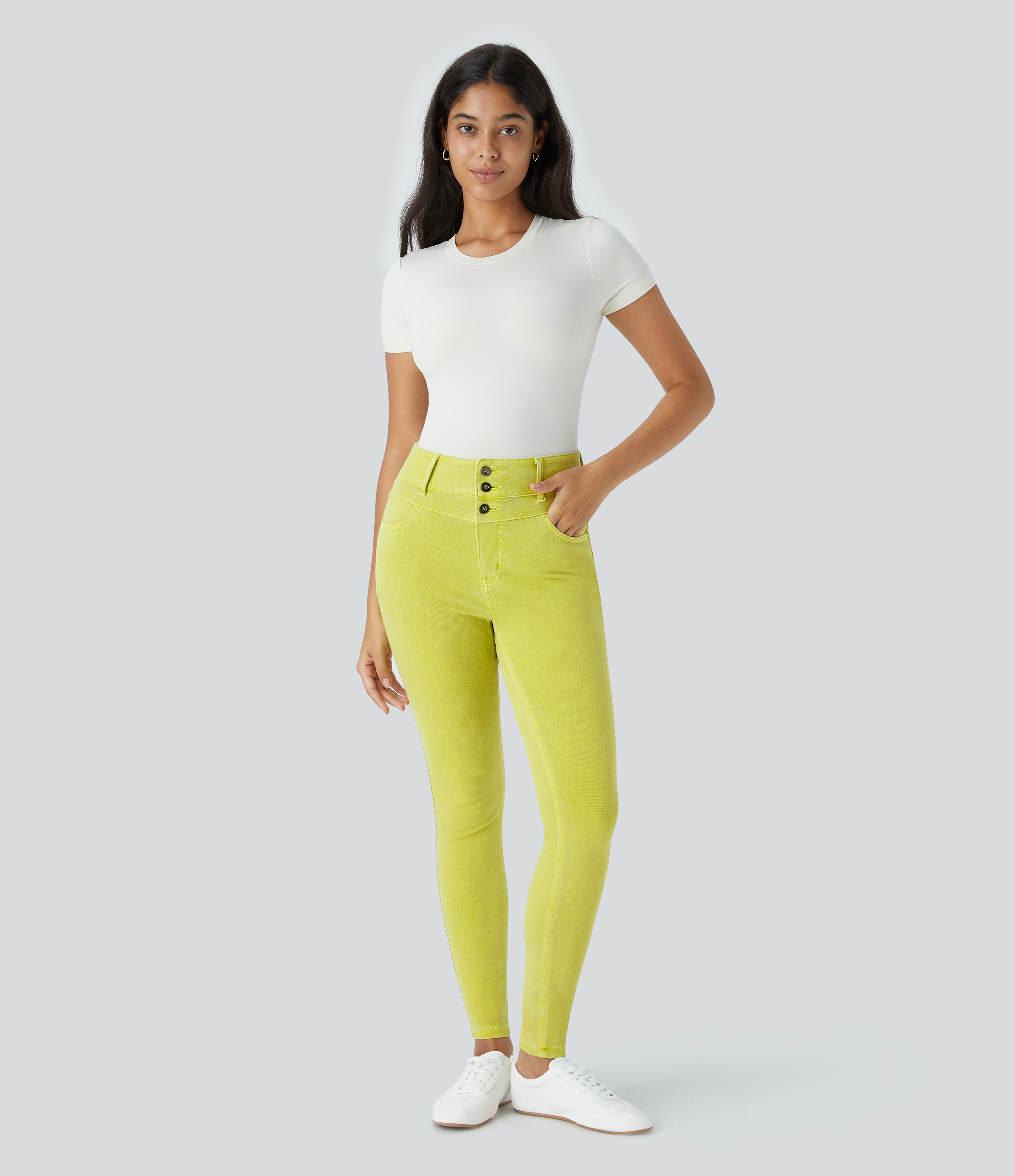 Jeans Skinny Halara Mid Rise Bottoni Cerniera Multitasche Maglia Elasticizzata Casual - Foto 12