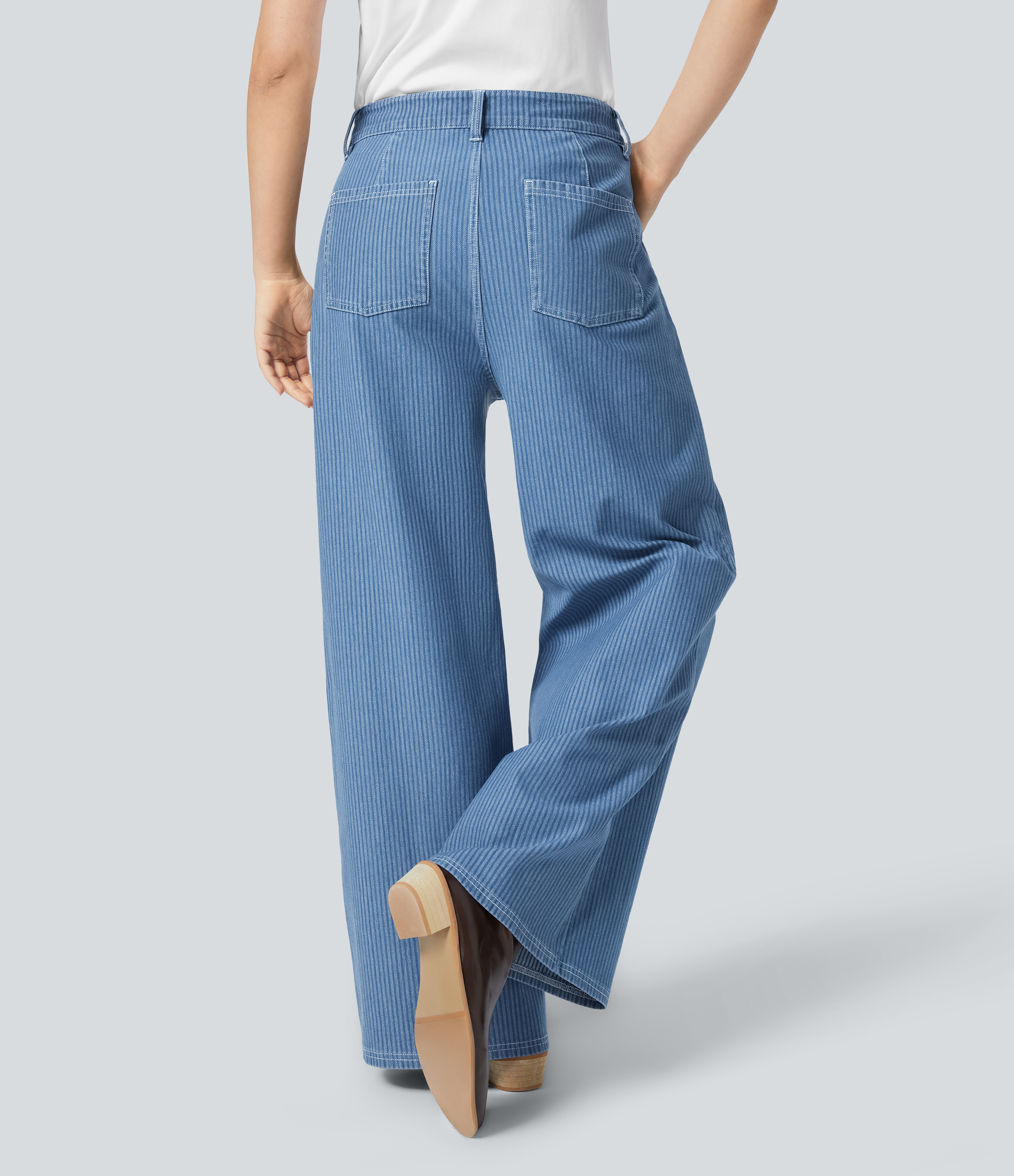 Light Blue Stripe Denim HalaraMagic™ ハイウエスト マルチポケット ストライプ ウォッシュド ストレッチニット カジュアル ワイドレッグ ジーンズ / 2