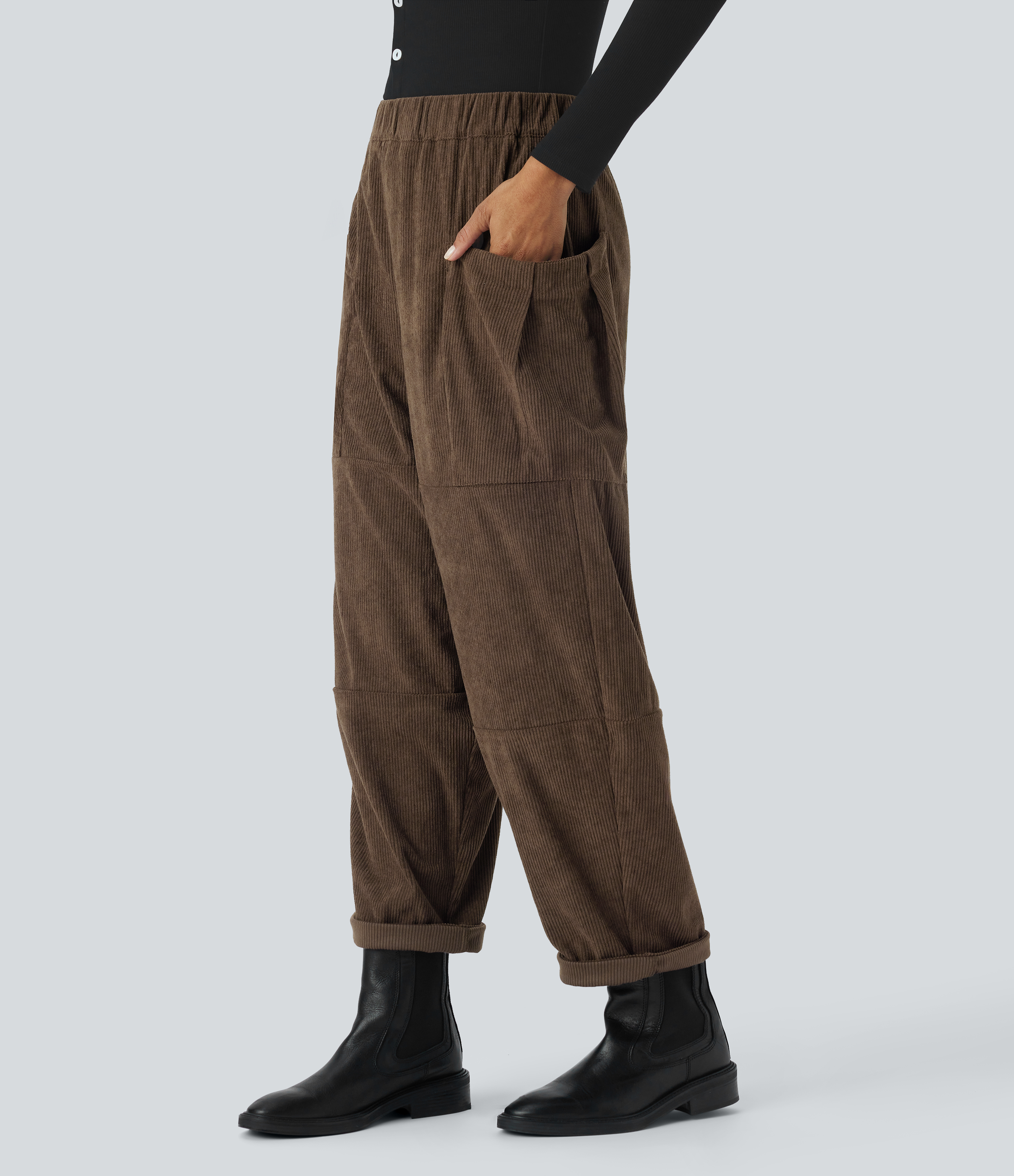 High Waisted Pocket Corduroy Casual Trousers