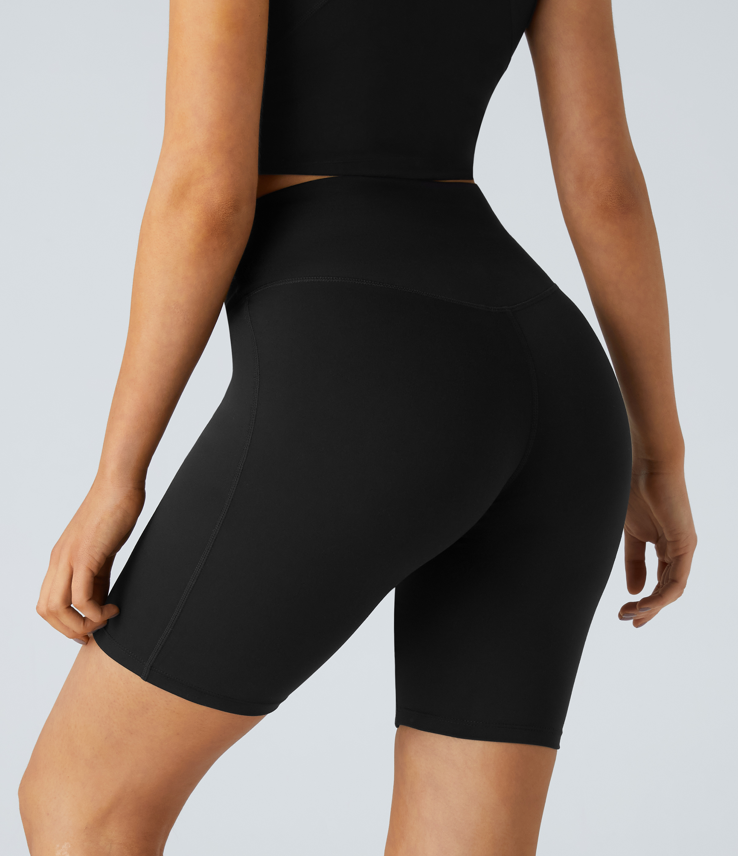 Black Pantalones cortos motero yoga hebilla decorativa malla contrastante cruzada tiro alto / 2