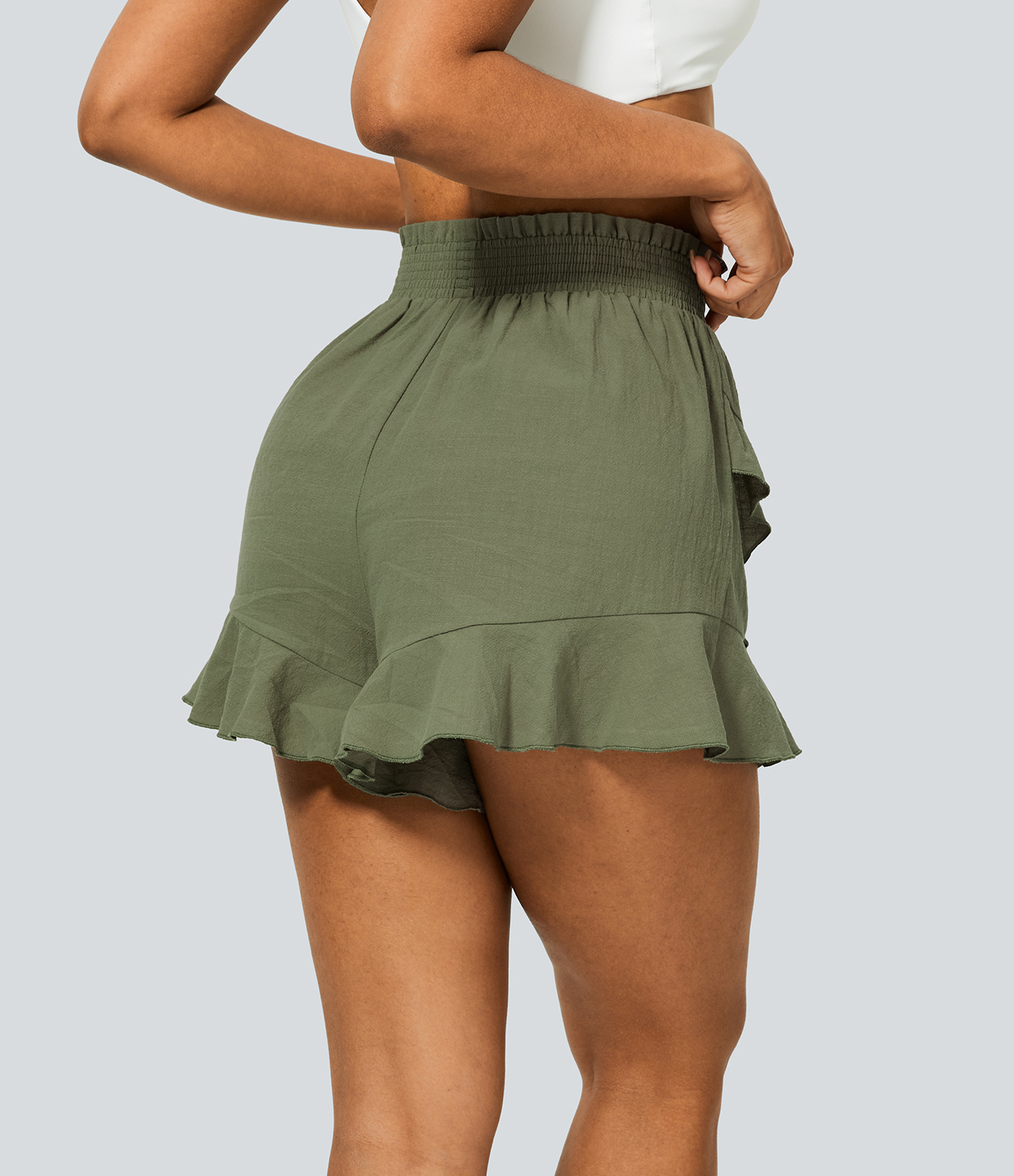 Women’s High Waisted Frill Shirred Ruffle Flowy Casual Linen-Feel ...