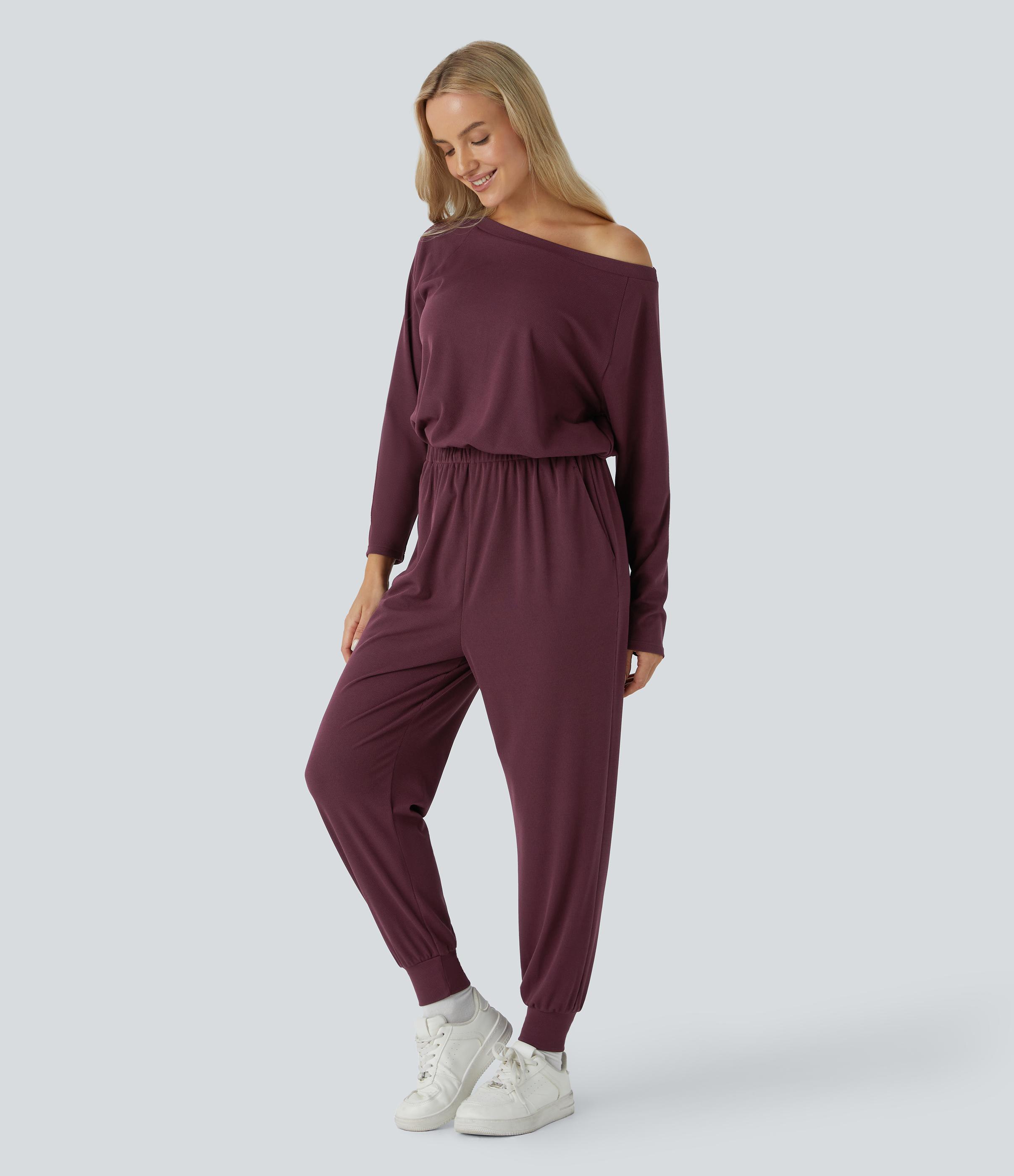 Off Shoulder Long Sleeve Pocket Waffle Casual Jumpsuit