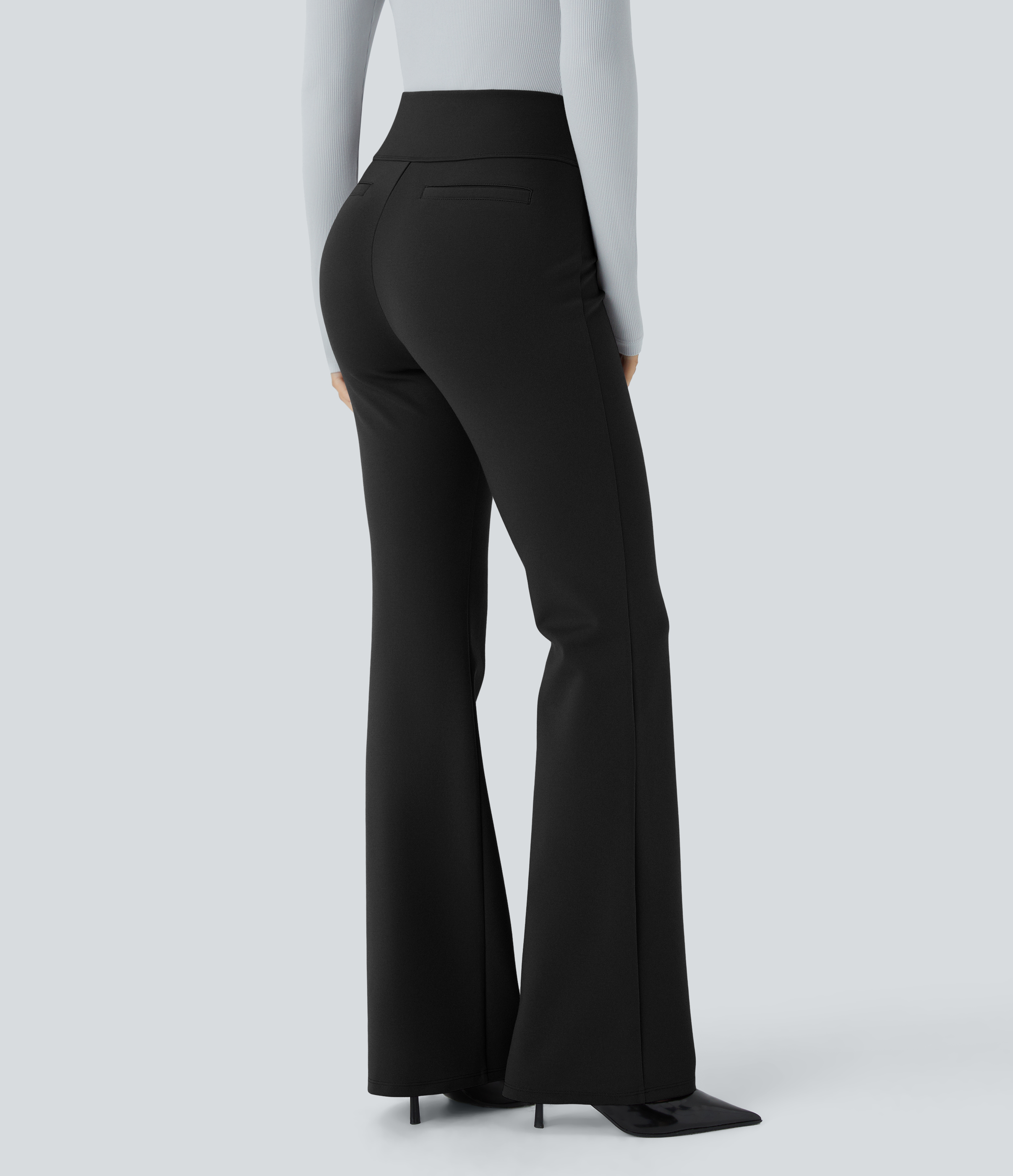 Negro Pantalón Halara Flex™ oficina tiro alto bolsillo trasero botón decorativo ligero acampanado / 2