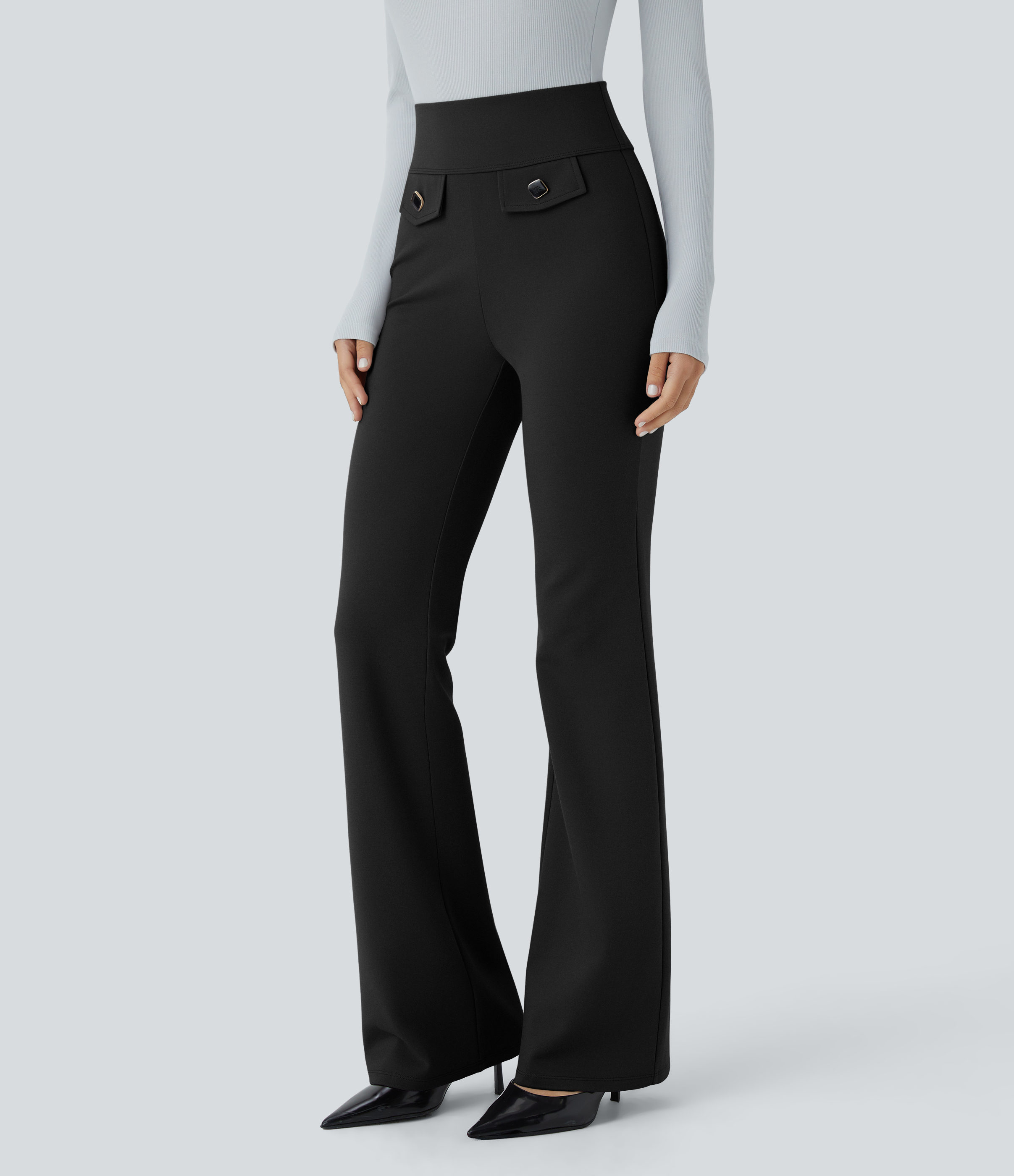 Negro Pantalón Halara Flex™ oficina tiro alto bolsillo trasero botón decorativo ligero acampanado / 1