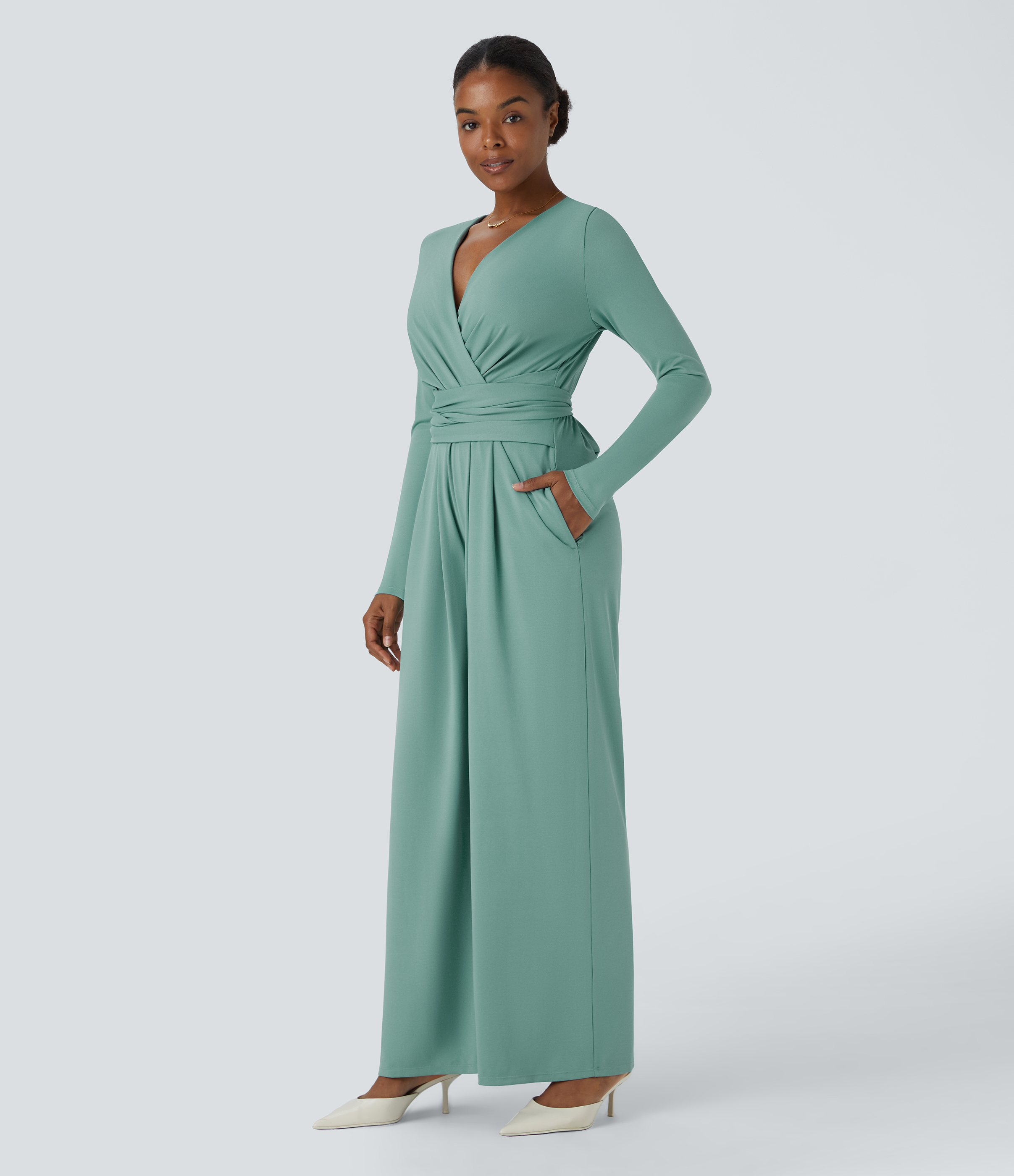 Women's V Neck Long Sleeve Pocket Tie Back Casual Jumpsuit - Halara