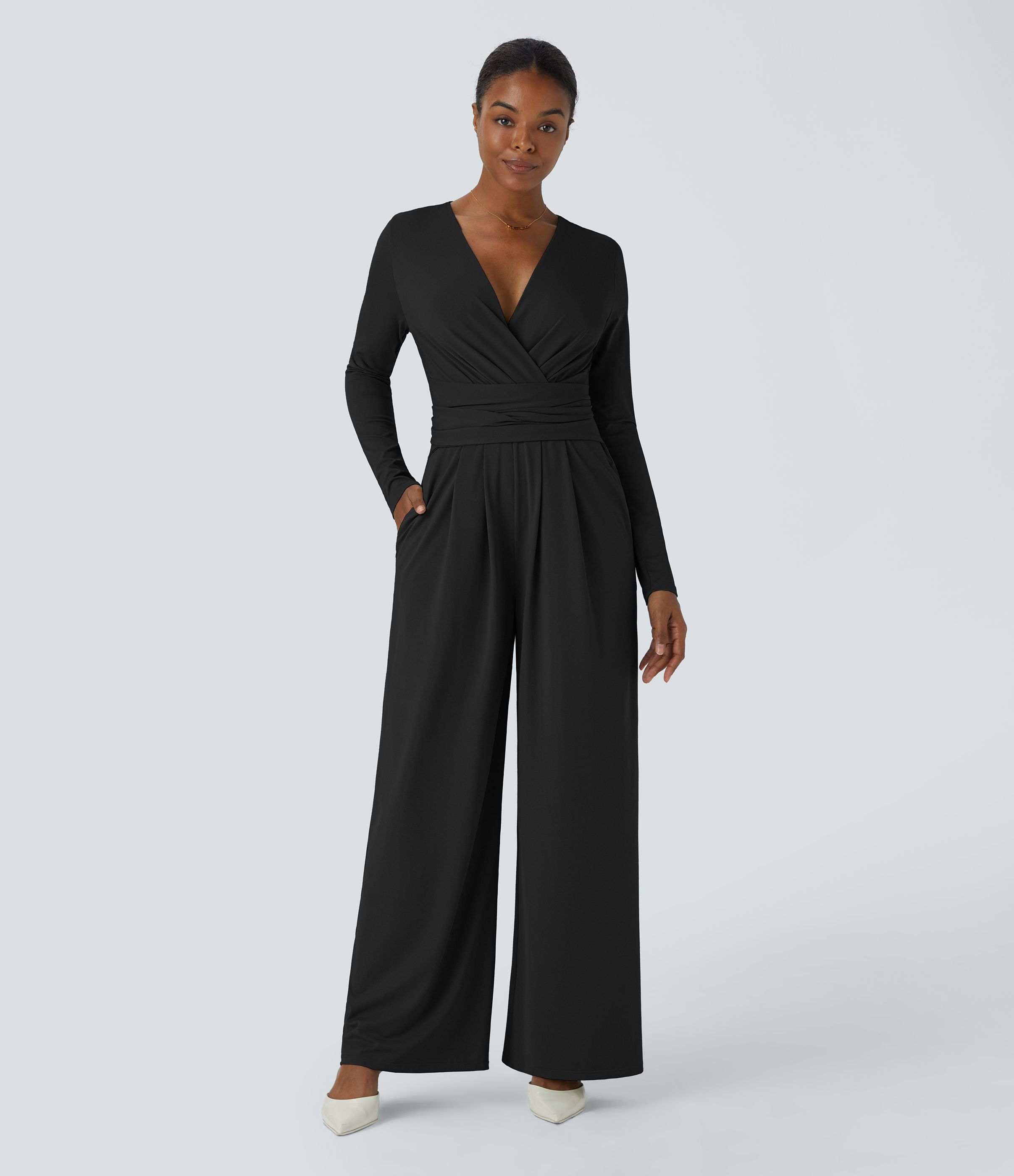 Vネック 長袖 サイドポケット タイバック カジュアル ジャンプスーツ