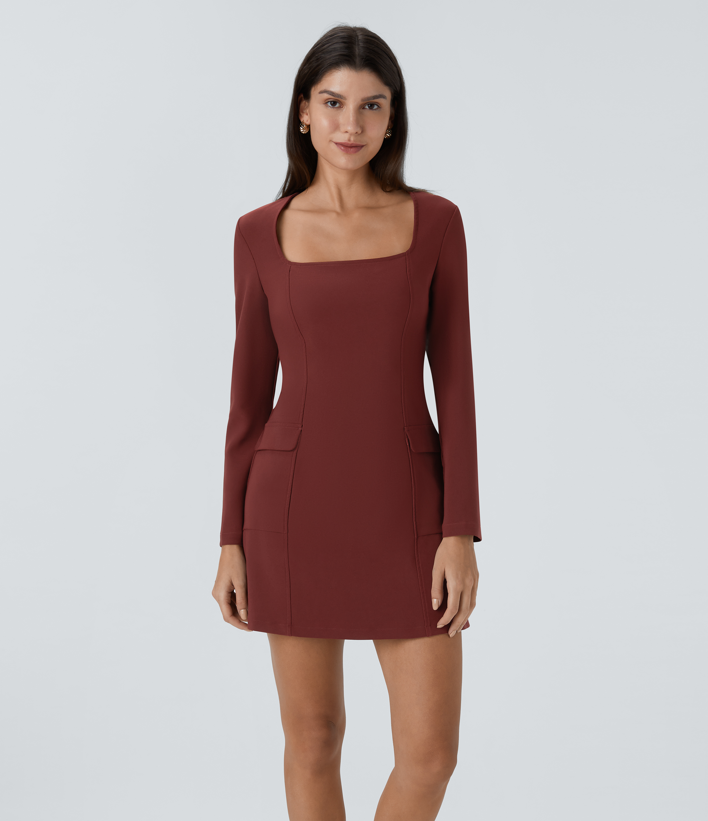 スクエアネック 長袖 隠しジッパー フラップポケット スリム ミニ カジュアル ドレス