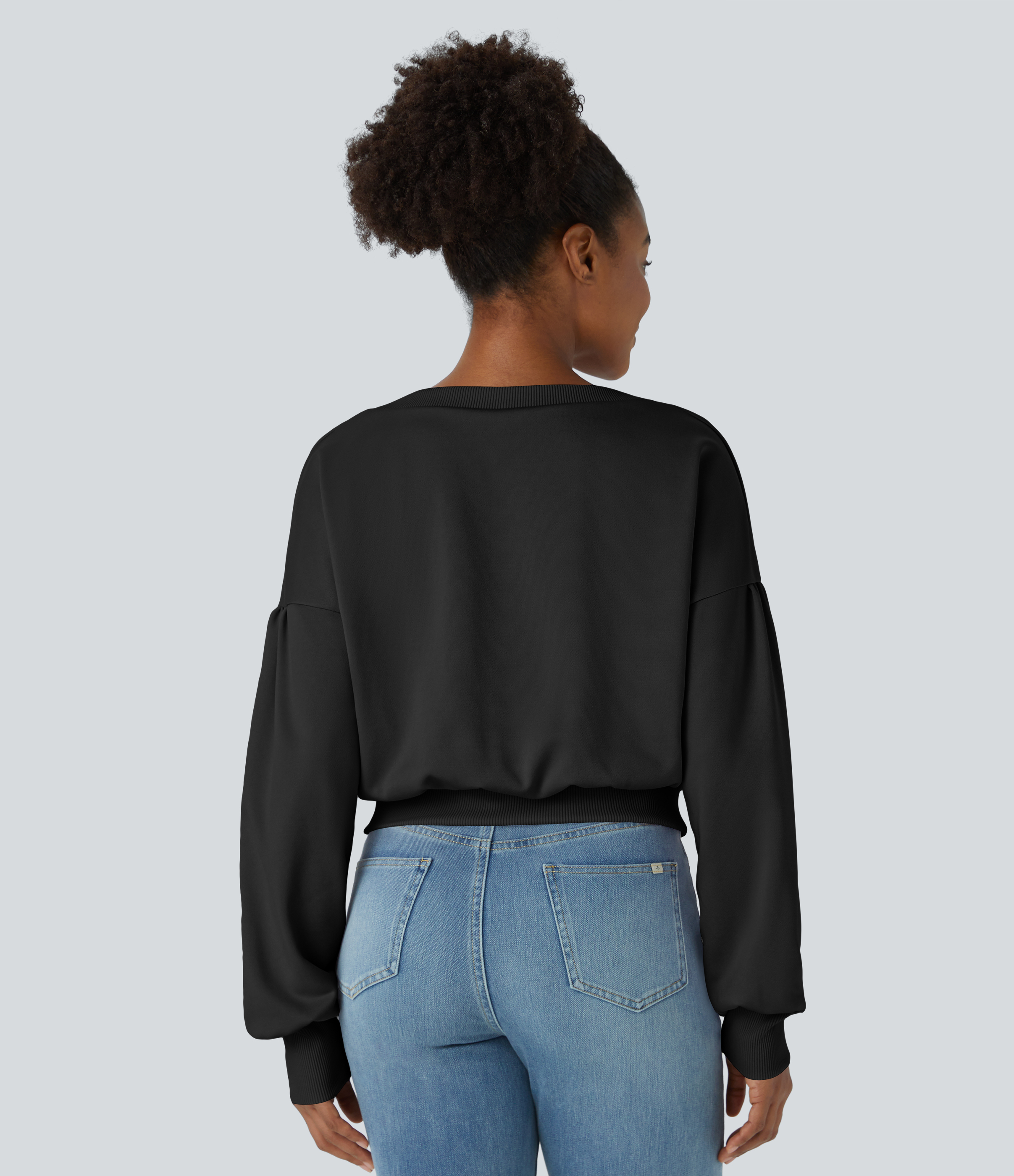 Black Round Neck Dropped Shoulder Bishop Sleeve Relaxed Casual Sweatshirt / 2