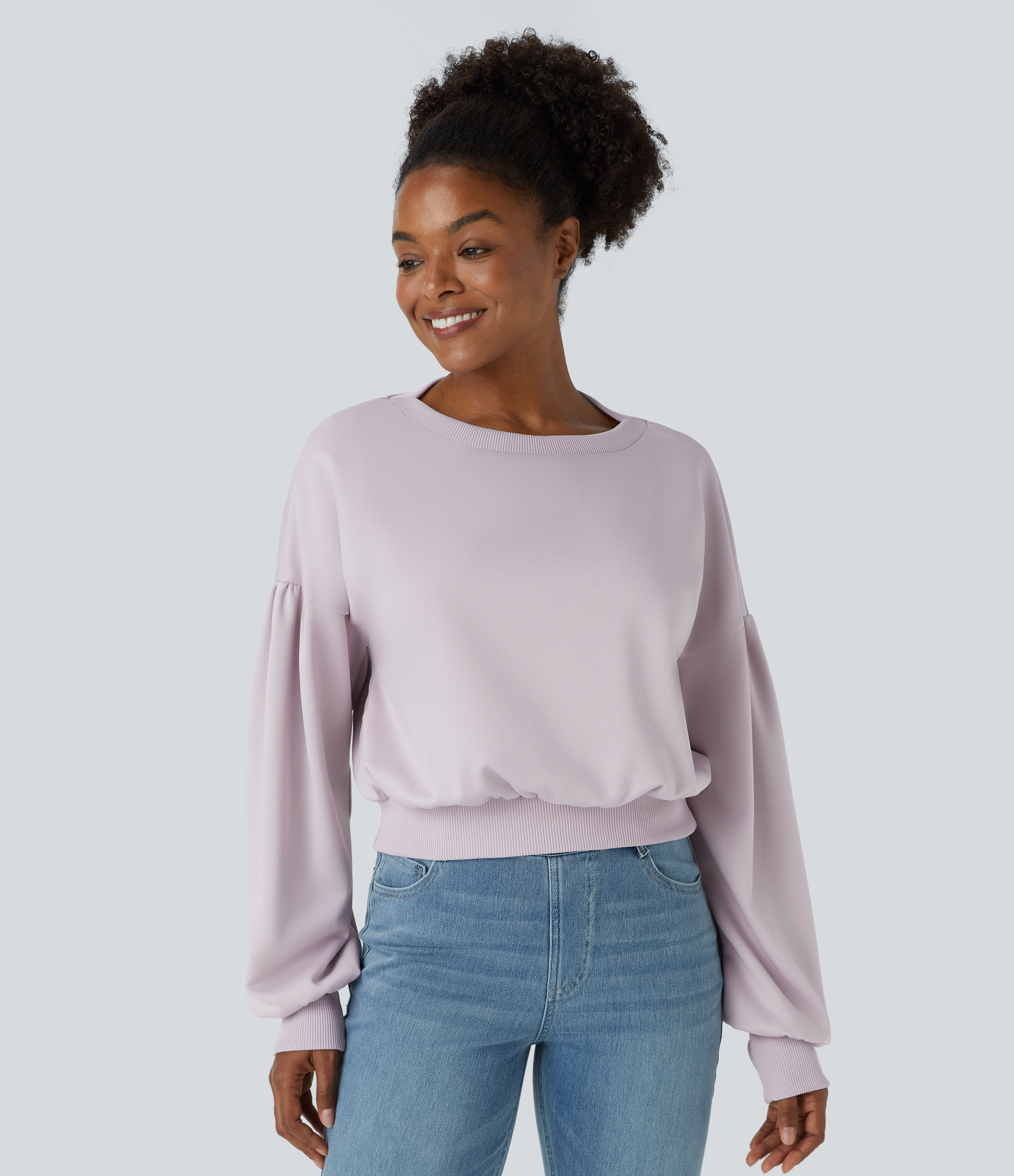 ラウンドネック ドロップショルダー プリーテッド ビショップスリーブ リラックス カジュアル スウェットシャツ