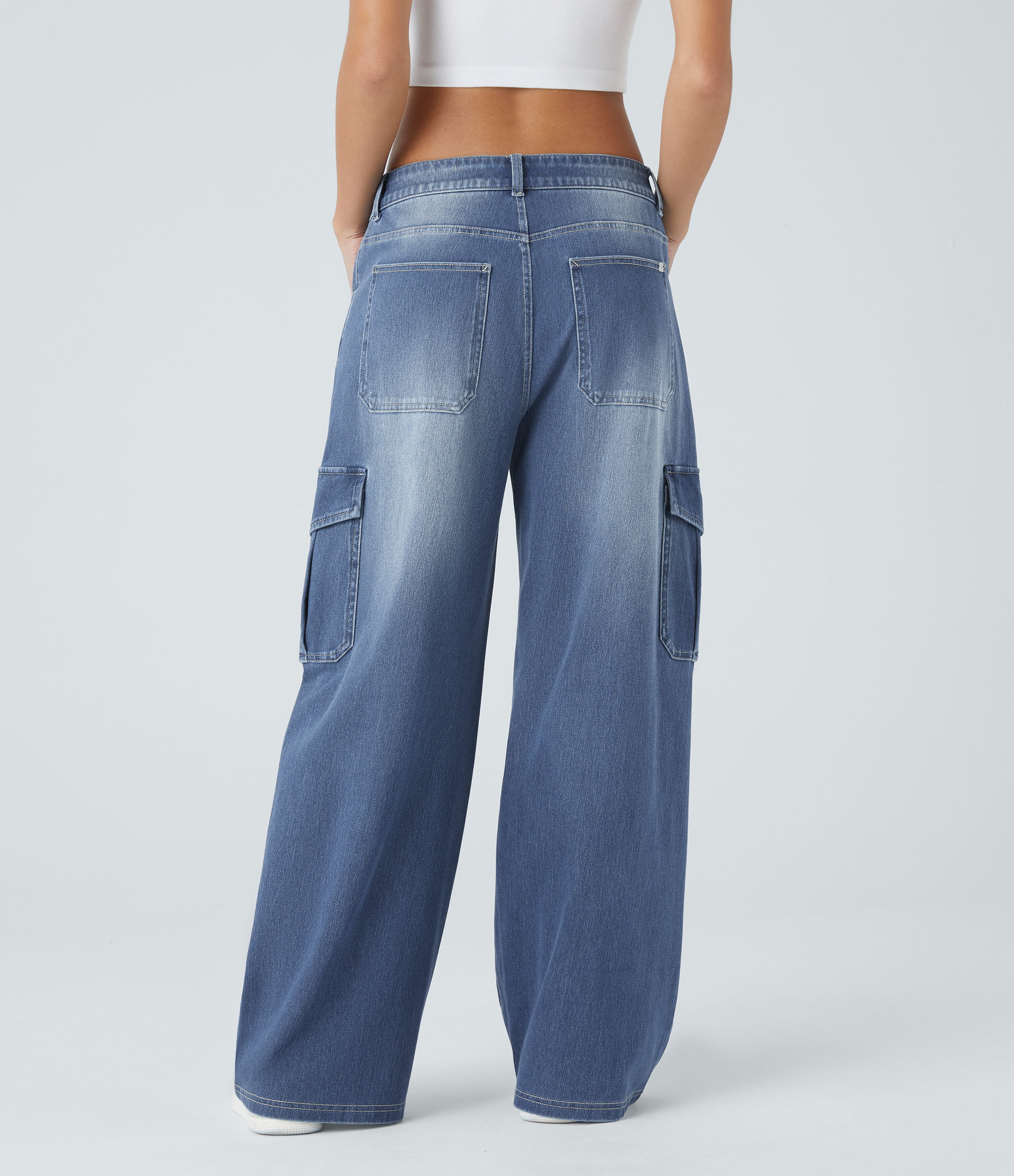 Cedar Blue Denim Halara Flex™ ローライズ マルチポケット ストレッチニット カジュアル ワイドレッグ カーゴジーンズ / 2