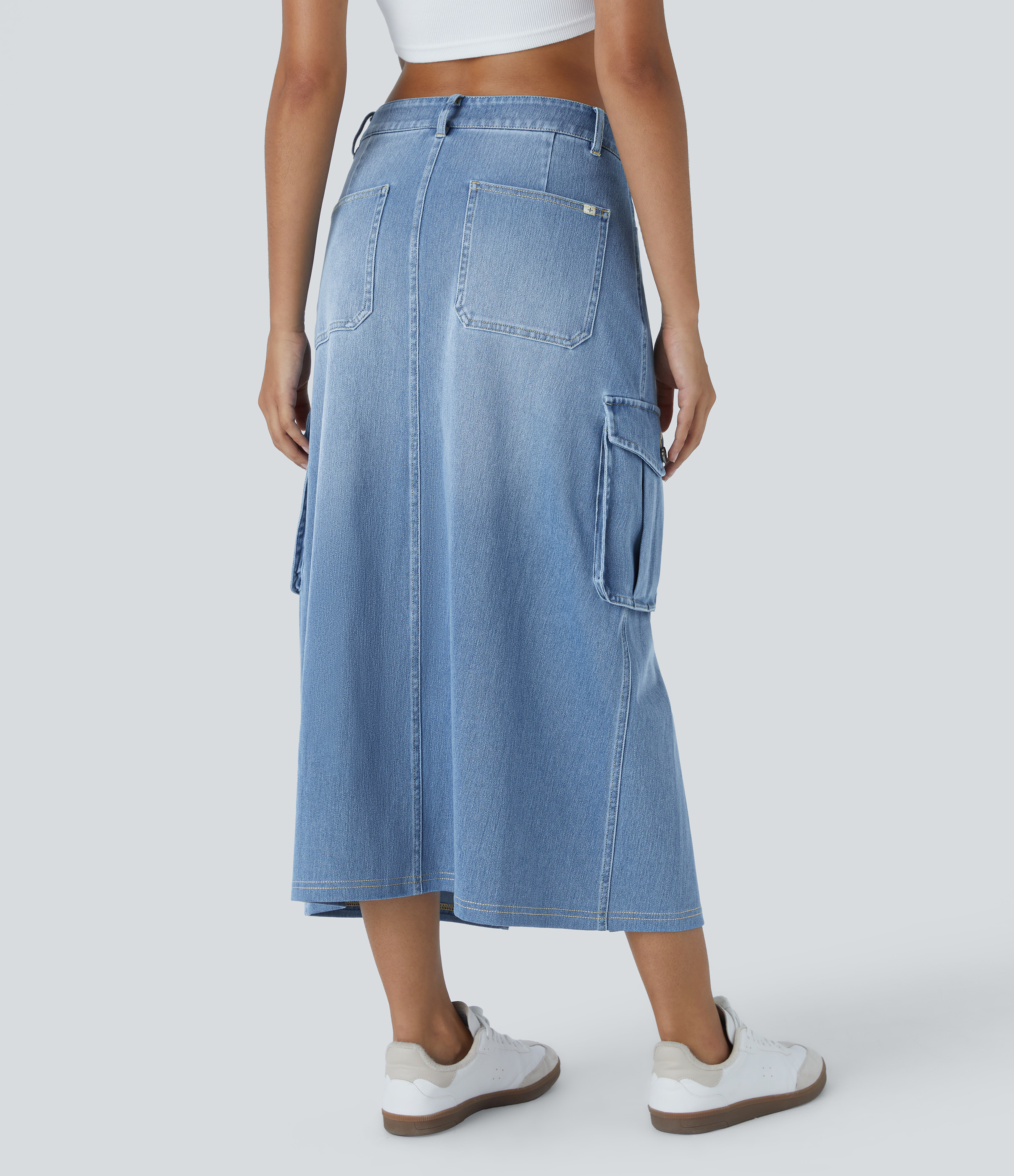 Sea Blue Denim Halara Flex™ gonna cargo maxi in denim a linea A, vita media, con tasche con zip, stile casual / 2