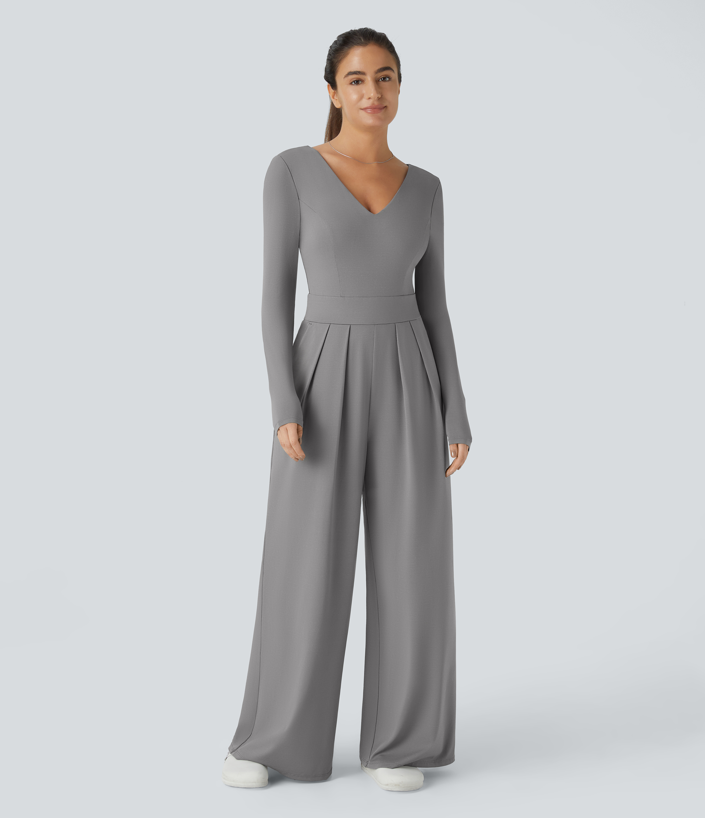 V Neck Long Sleeve Pocket Wide Leg Casual Jumpsuit