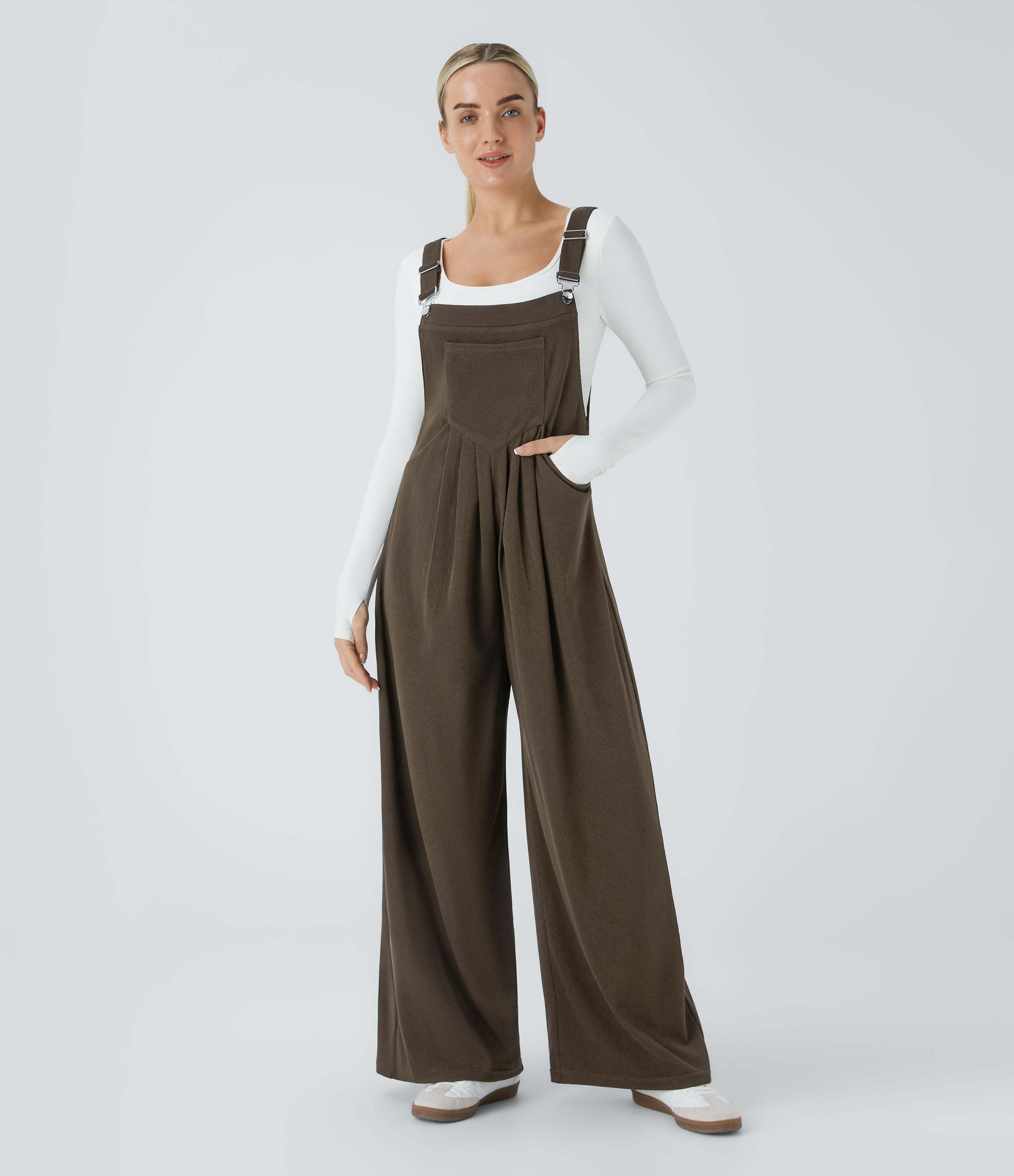 Ribbed Adjustable Strap Multiple Pockets Casual Dungarees