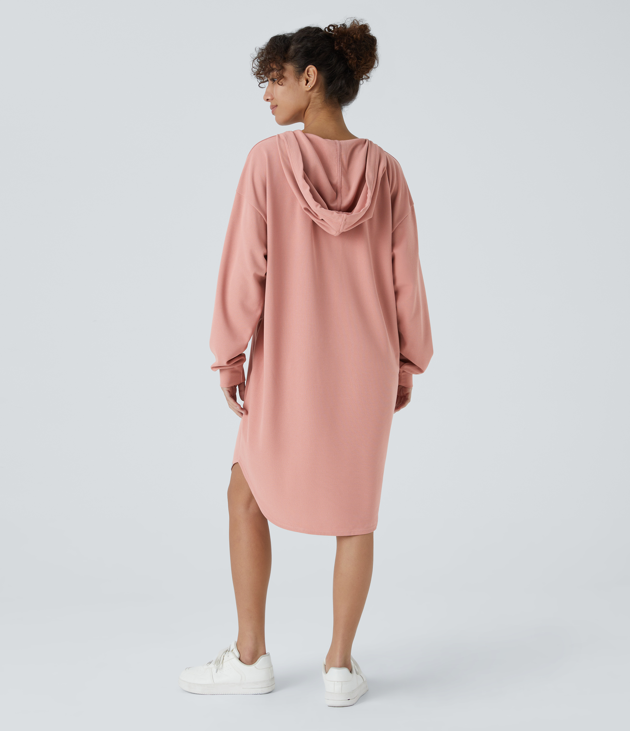 Rose Tan Vestido sudadera manga larga capucha cordón ajustable bolsillo lateral dobladillo curvo alto bajo holgado gofre / 2