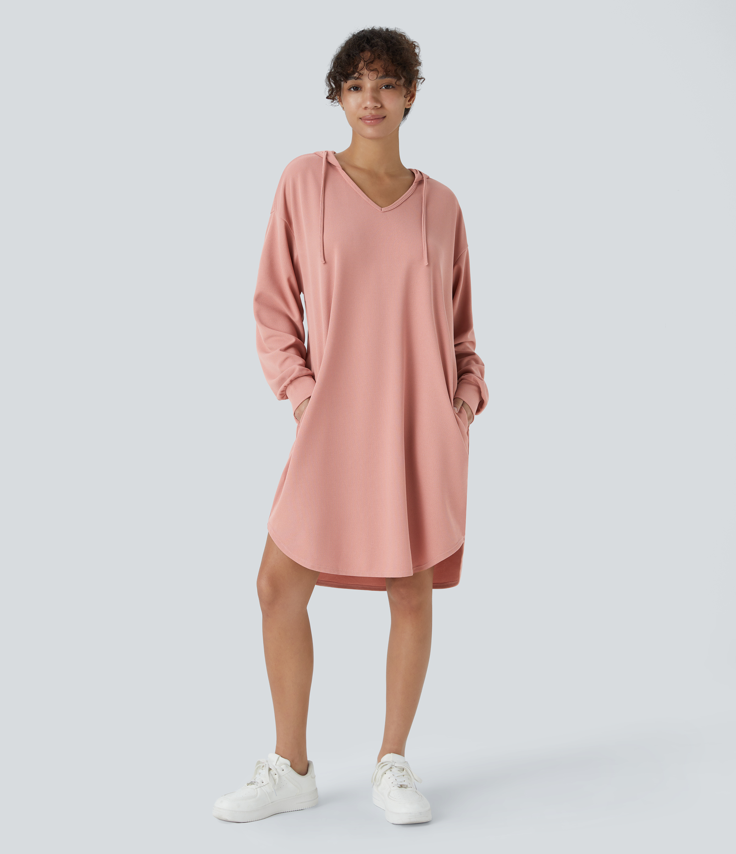 Drawstring Hooded Long Sleeve Pocket High Low Curved Hem Oversize Mini Waffle Casual Sweatshirt Dress