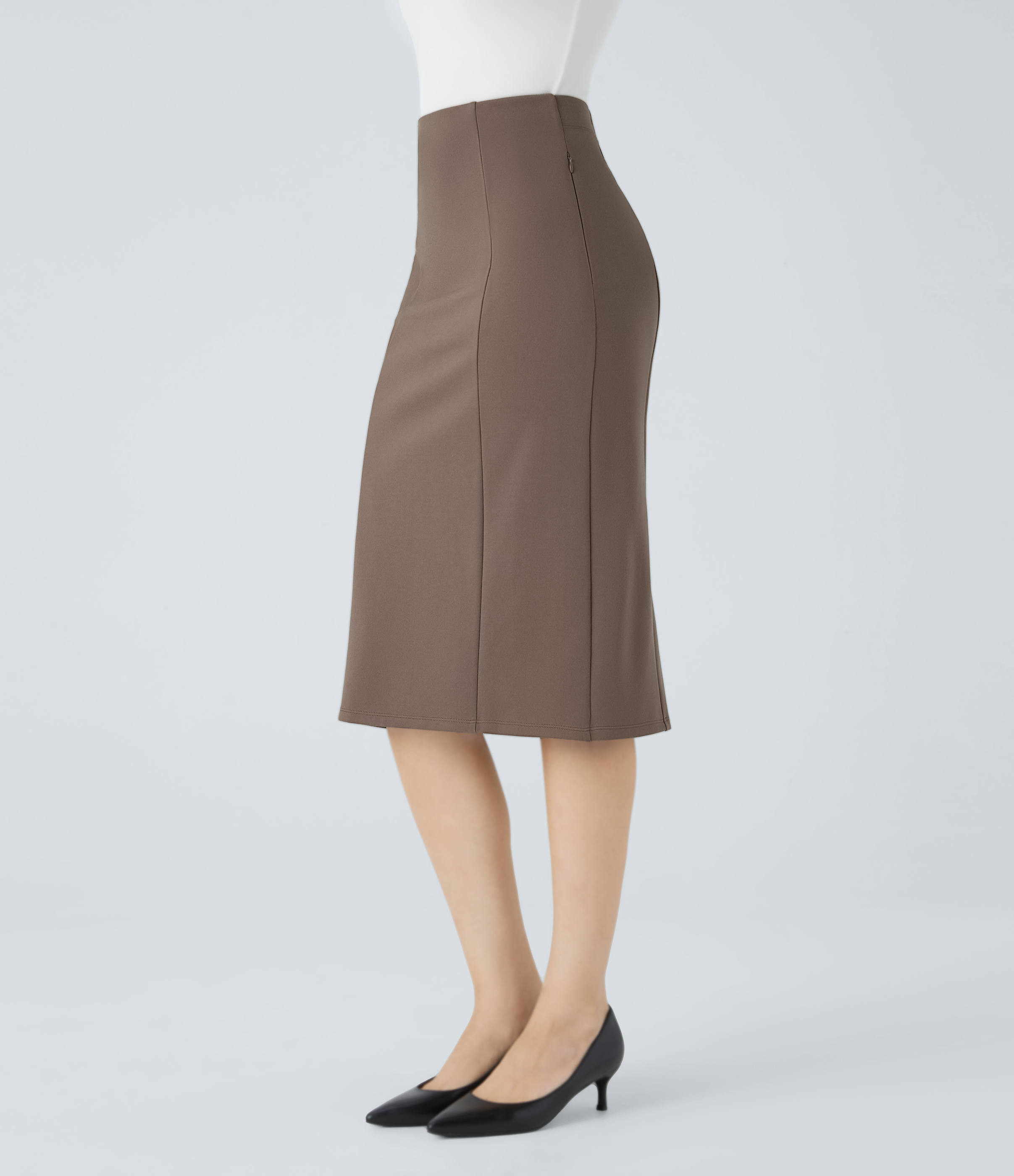 Women's High Waisted Side Zipper Pocket Hem Midi Work Pencil