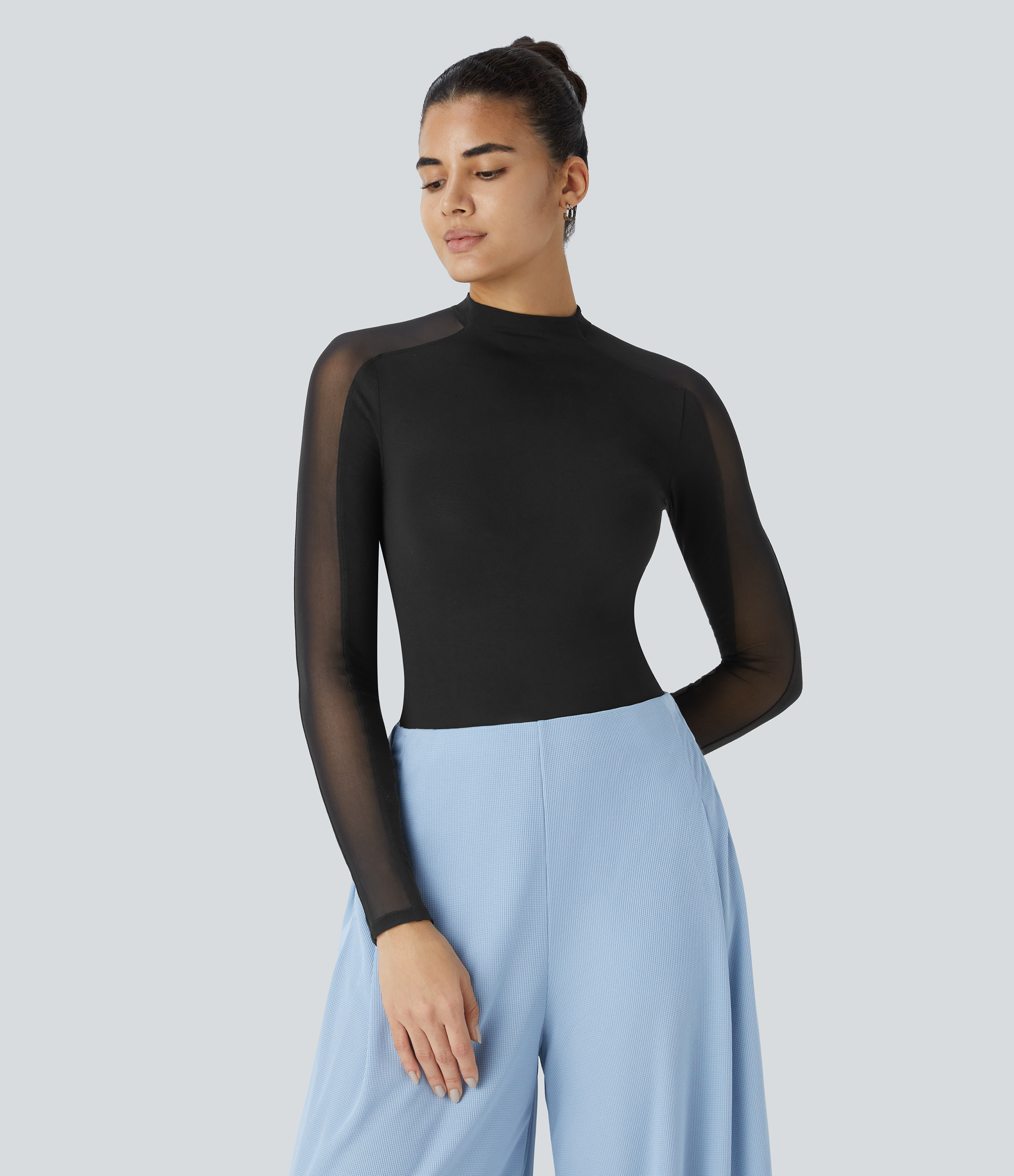 Black Stand Collar Raglan Long Sleeve Contrast Mesh Skinny Work Top / 1