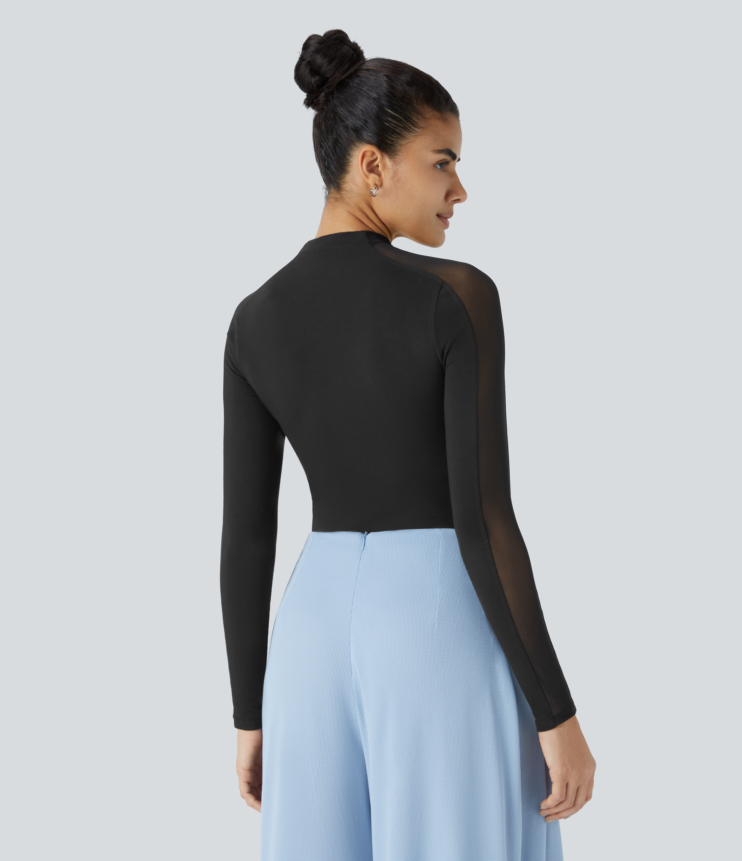 Black Stand Collar Raglan Long Sleeve Contrast Mesh Skinny Work Top / 2