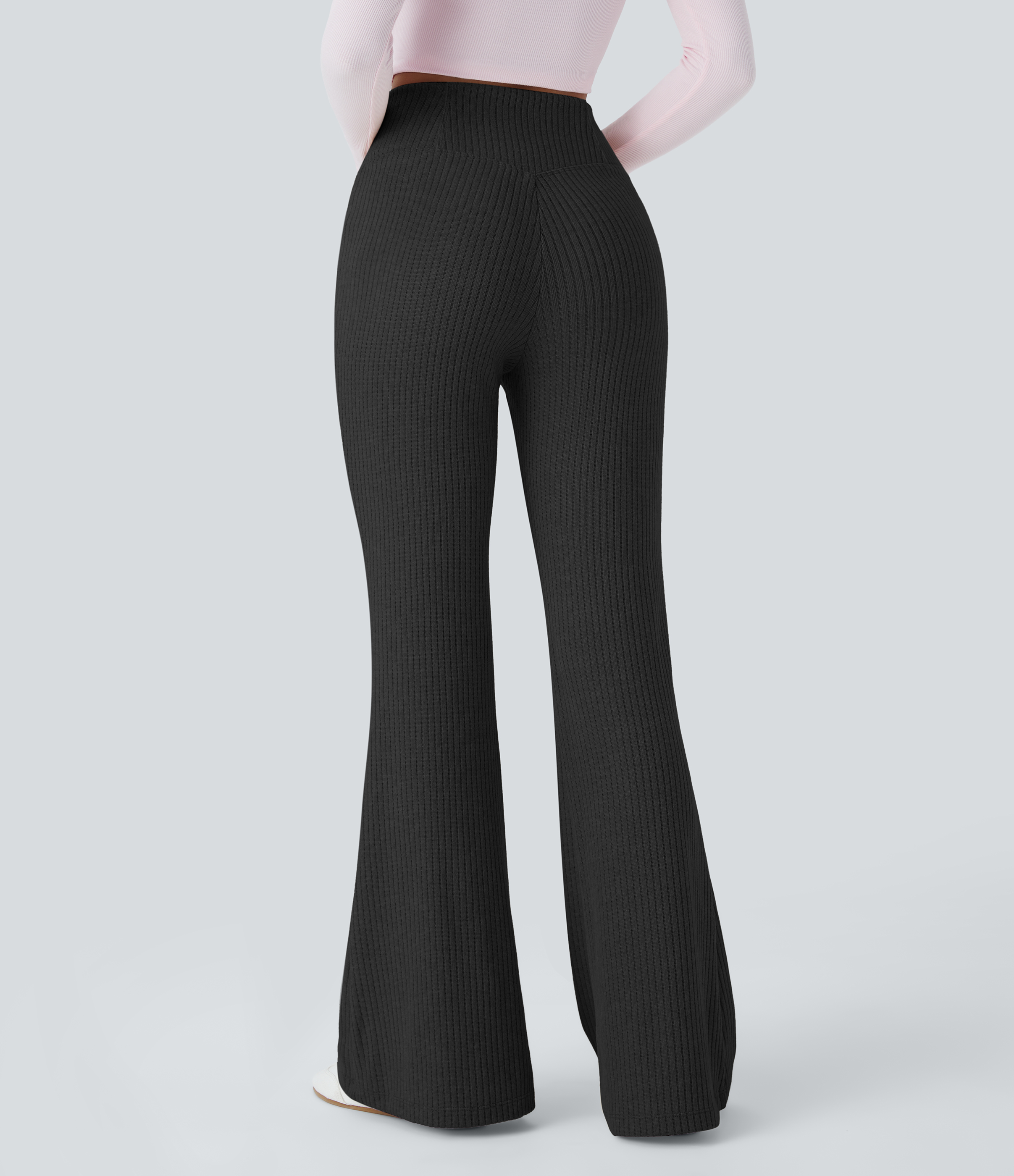 Black Casual crossover flared pants in ribbed knit with a high waist and side pockets. / 2