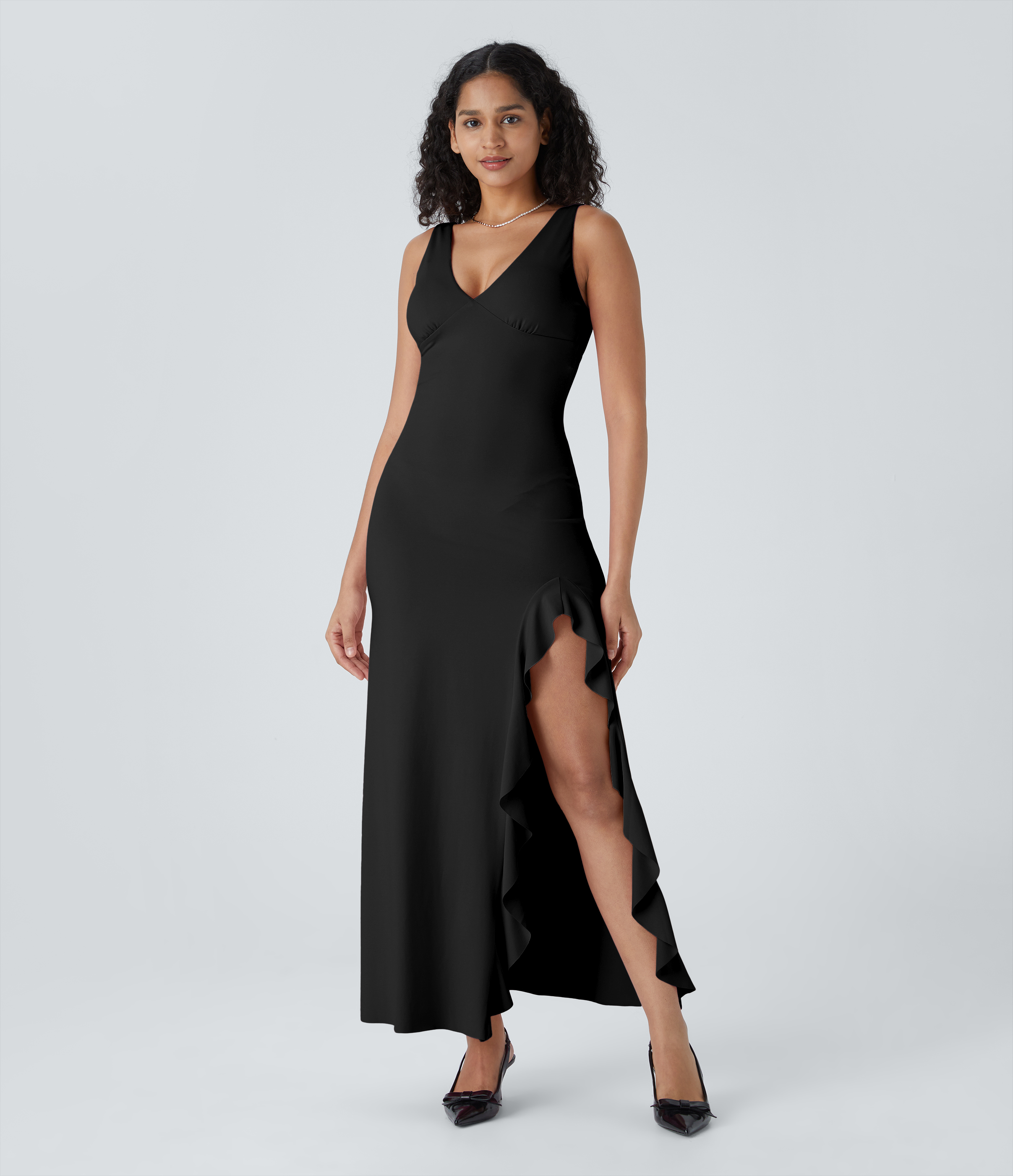 Women’s V Neck Sleeveless Asymmetric Ruffle Split Hem Maxi Party Dress ...