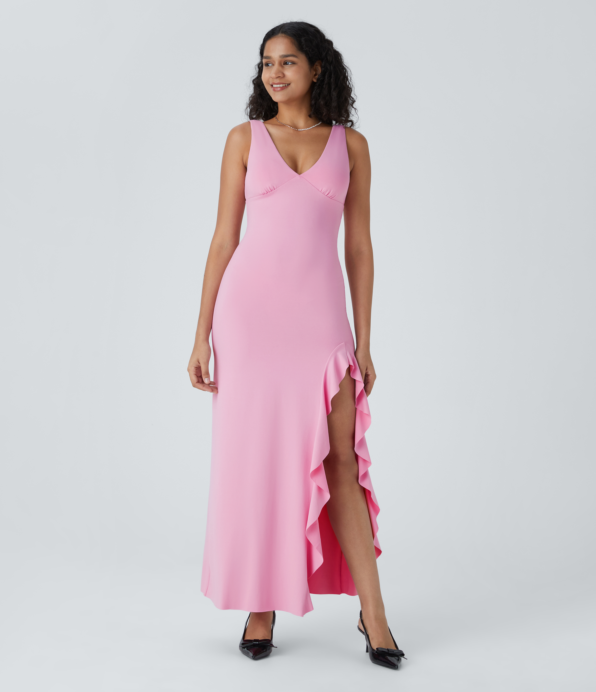 V-neck sleeveless asymmetrical ruffle split hem maxi party dress