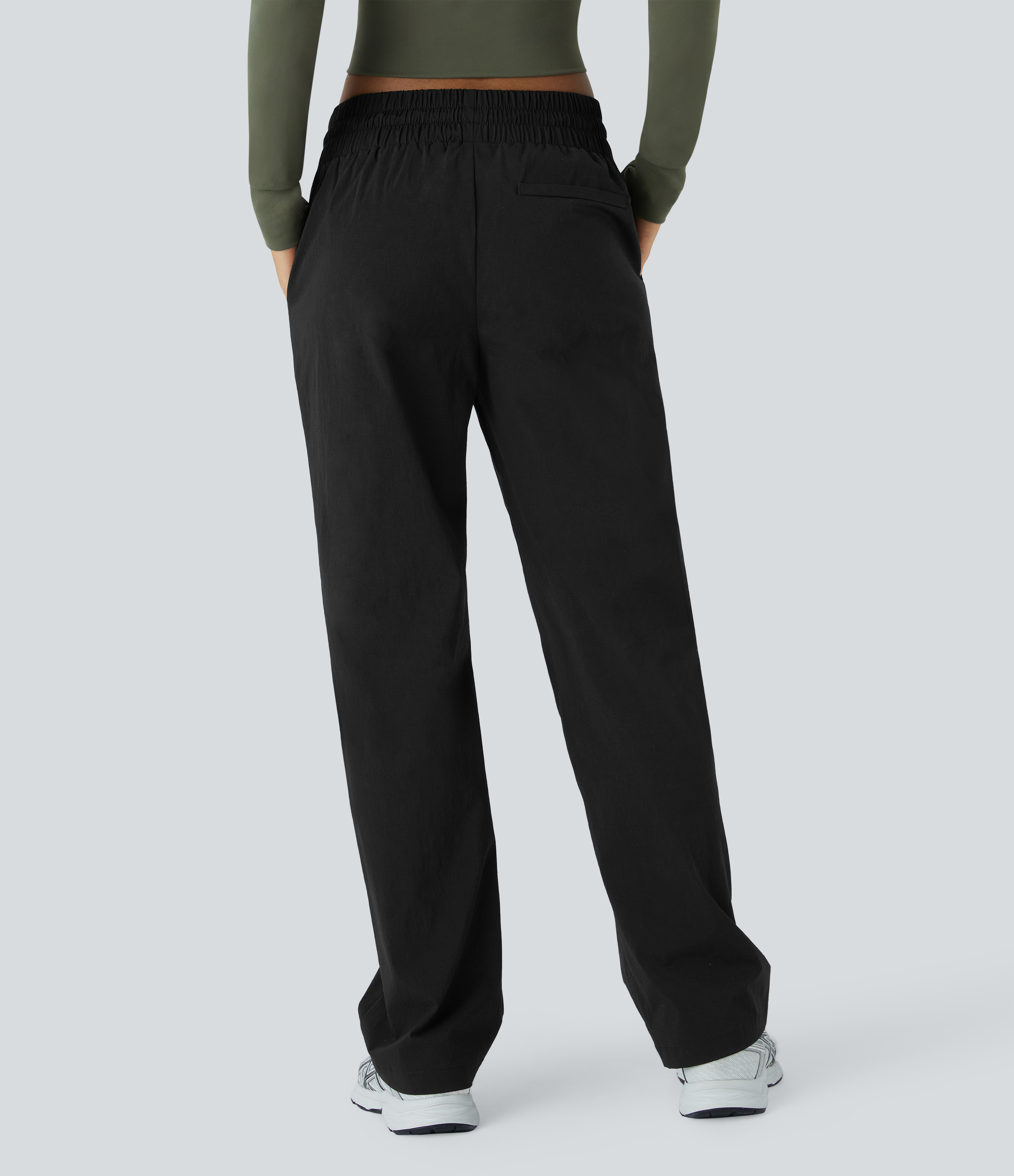 Black Wear-Resistant Mid Rise Pocket Straight Leg Casual Pants / 2