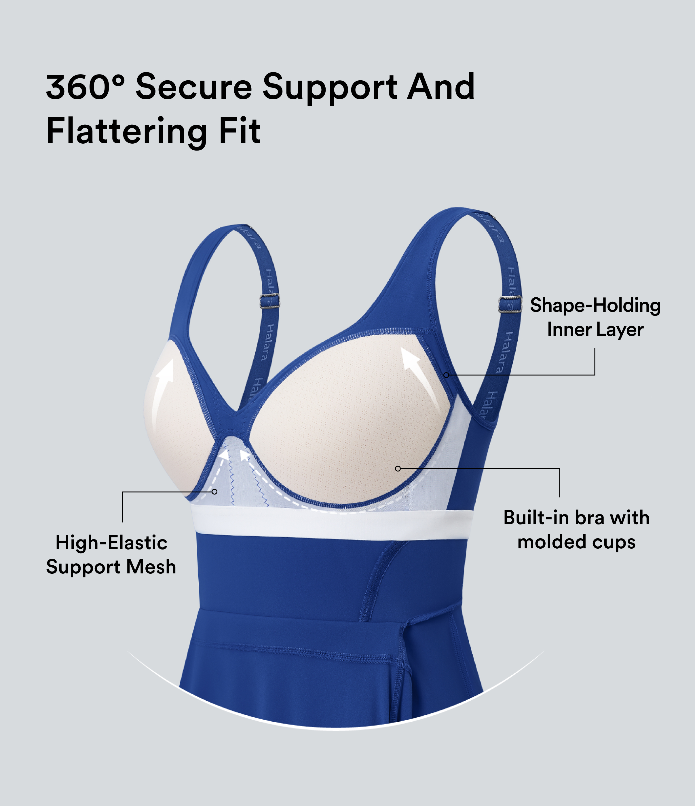 Beaucoup Blue Vestido deportivo SoftlyZero™ Plush afelpado 2 en 1 con push-up, copas moldeadas y bolsillos edición Easy Peezy en copas D-F / 2
