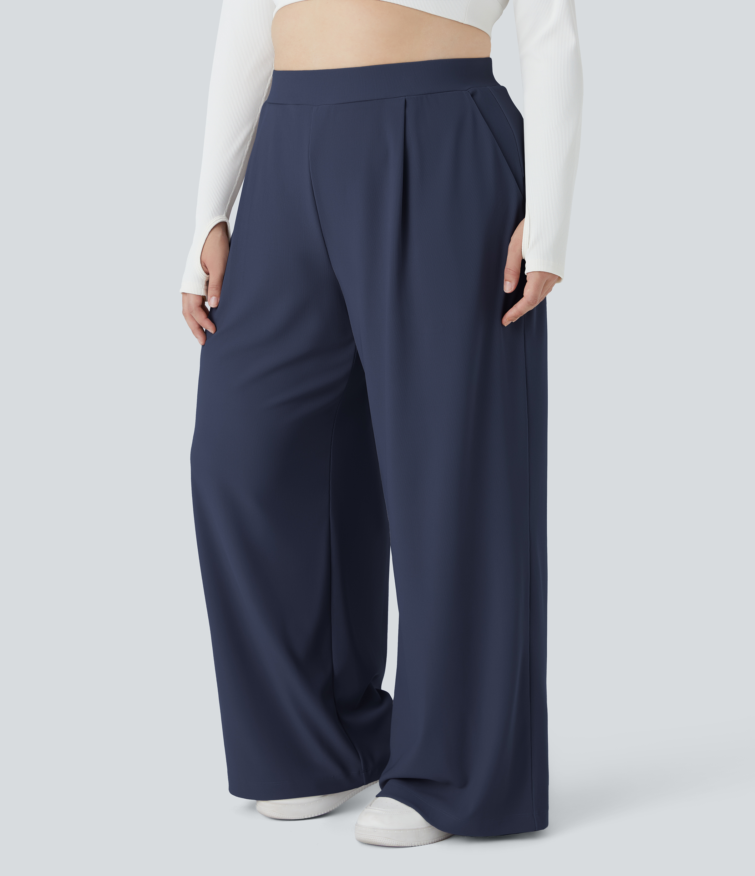 Pantalón Halara Flex™ oficina tiro alto control abdomen adelgazan tiro bolsillo lateral pierna ancha microgofre talla grande