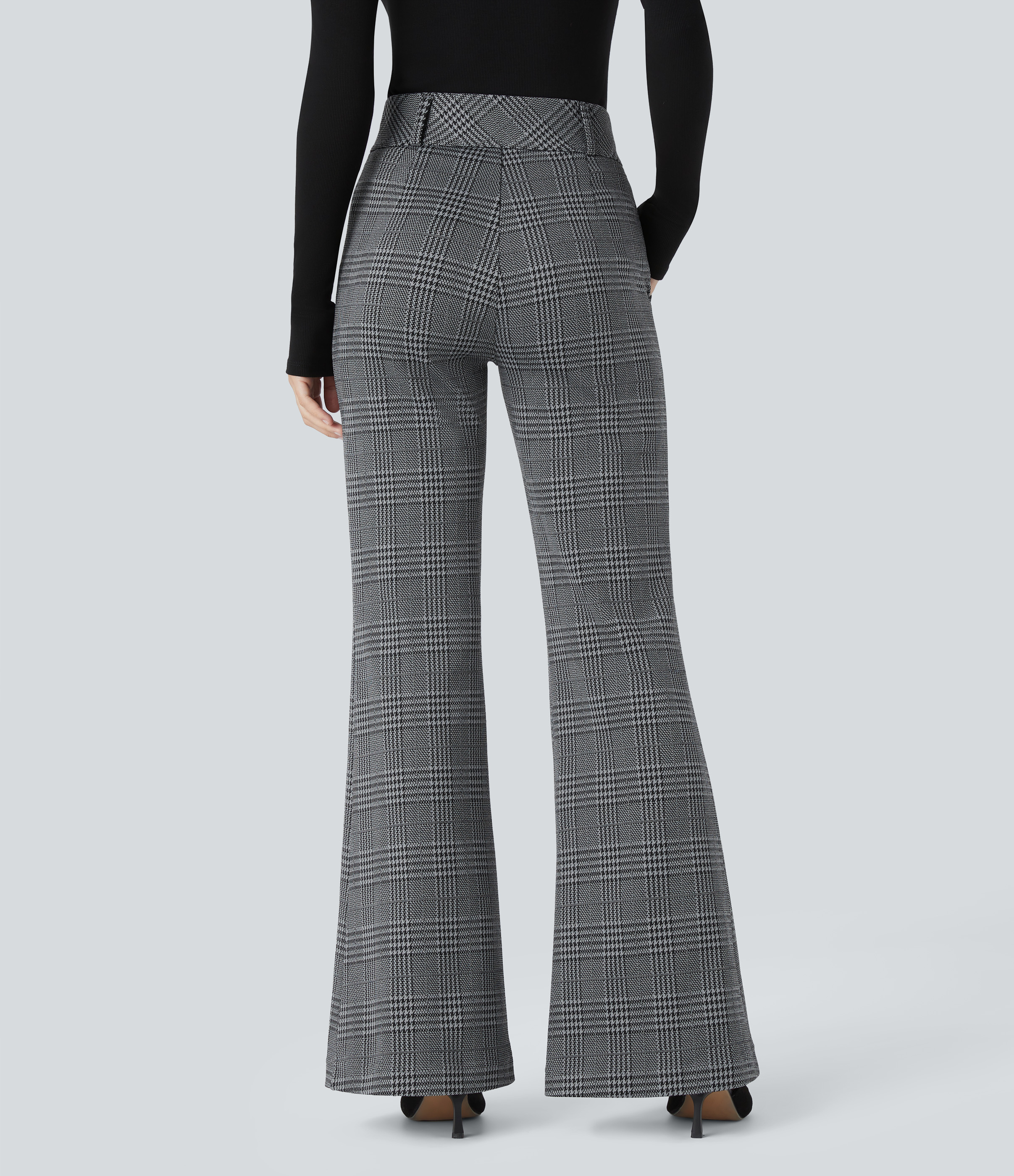Dark Gray Plaid Pantalón Halara Flex™ acampanado oficina pata gallo bolsillo lateral botón decorativo tiro alto / 2