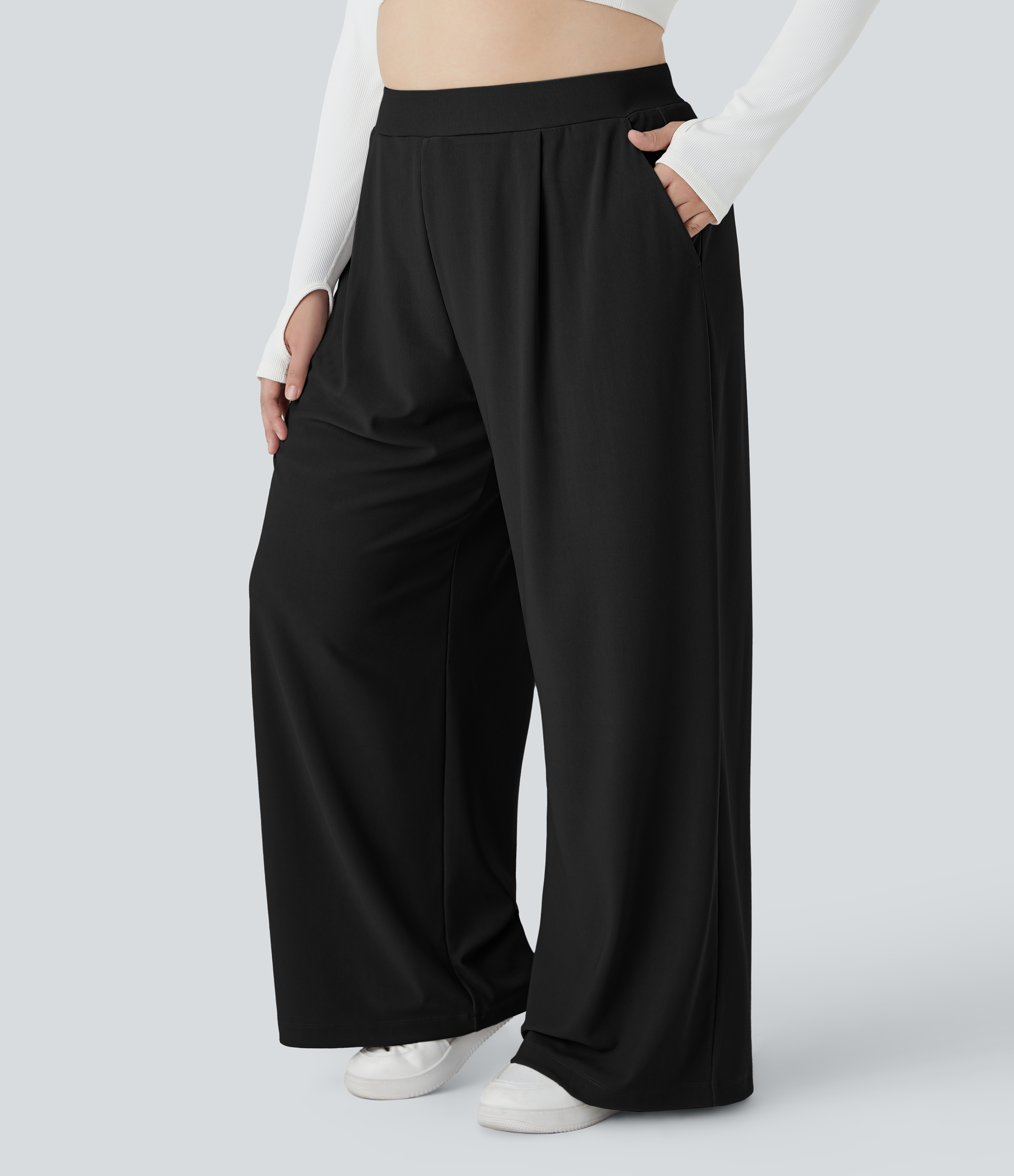 Pantalón Halara Flex™ oficina tiro alto control abdomen adelgazan tiro bolsillo lateral pierna ancha microgofre talla grande