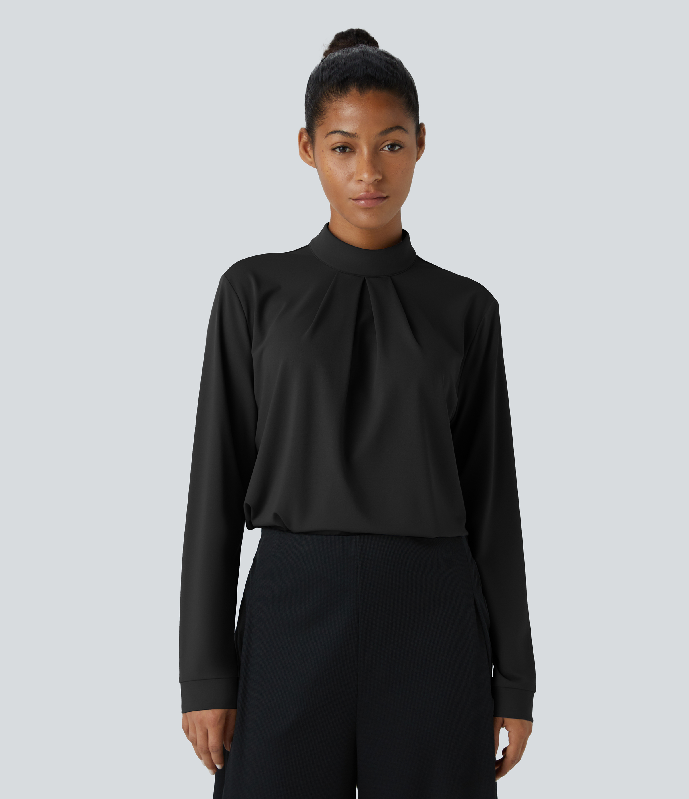 Stand Collar Back Long Sleeve Work Blouse