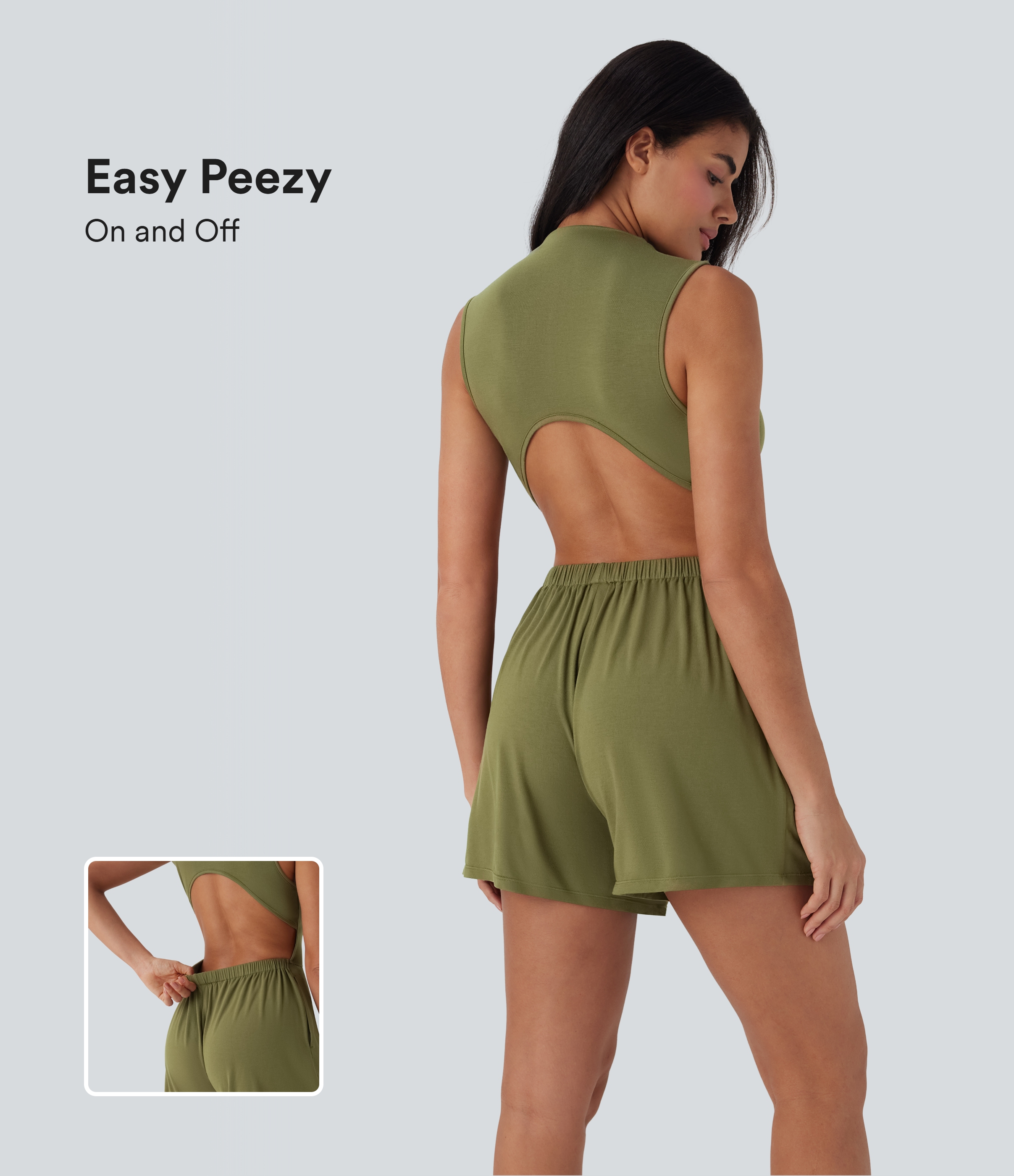 Olive Drab Mono casual sin mangas con cuello alto y espalda descubierta con bolsillos - Easy Peezy / 1
