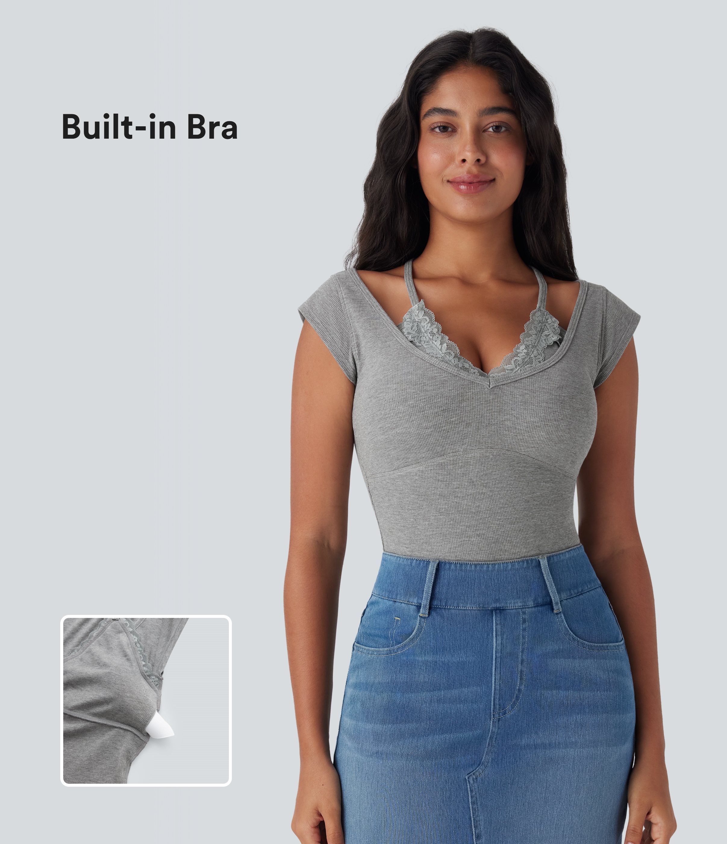 High Stretch Skin Friendly Ribbed Knit Lace Halter Cap Sleeve Top