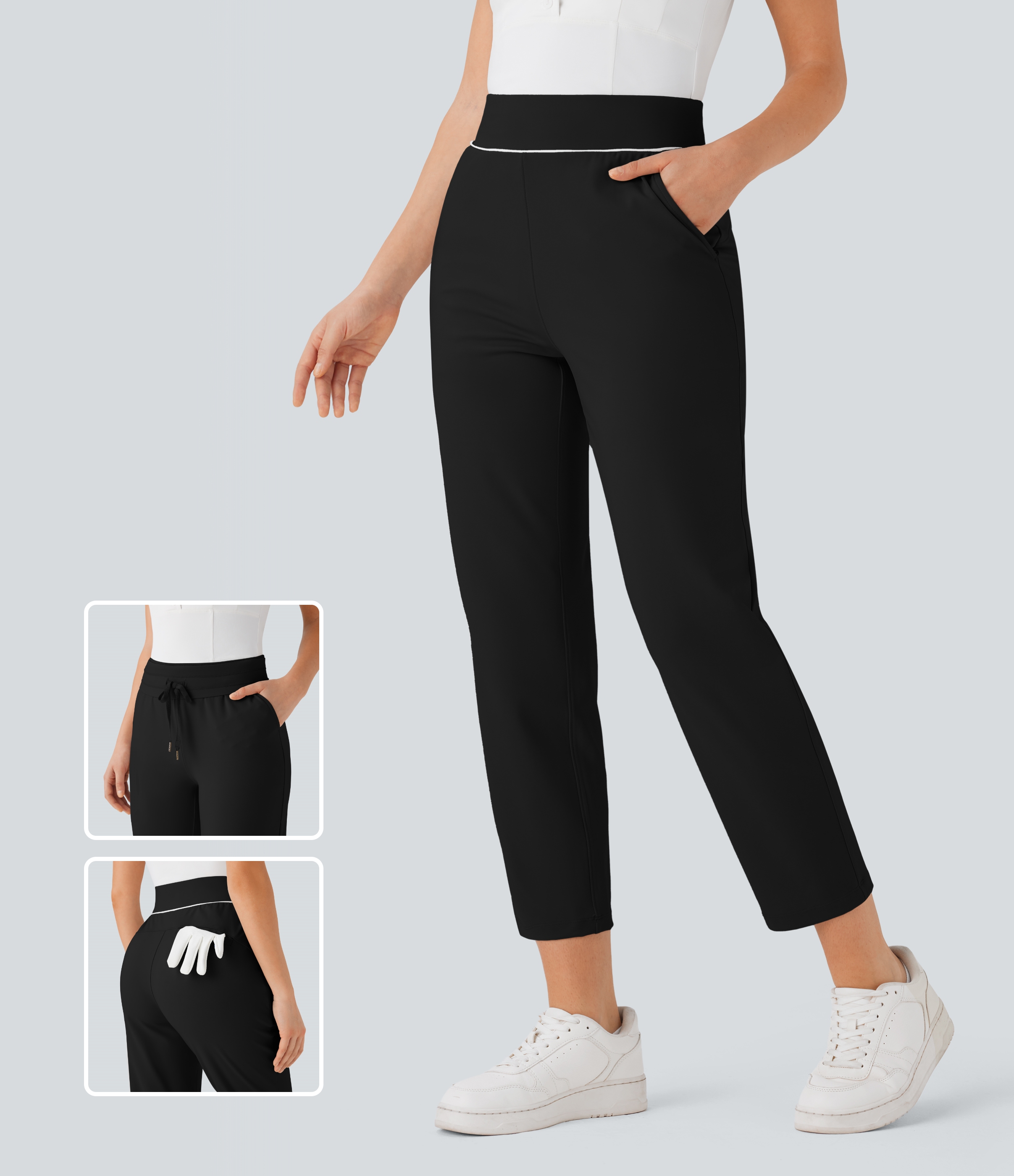 High Waisted Inside Drawstring Quick Dry Golf Tapered Pants-Golf Tee Pocket-UPF40+
