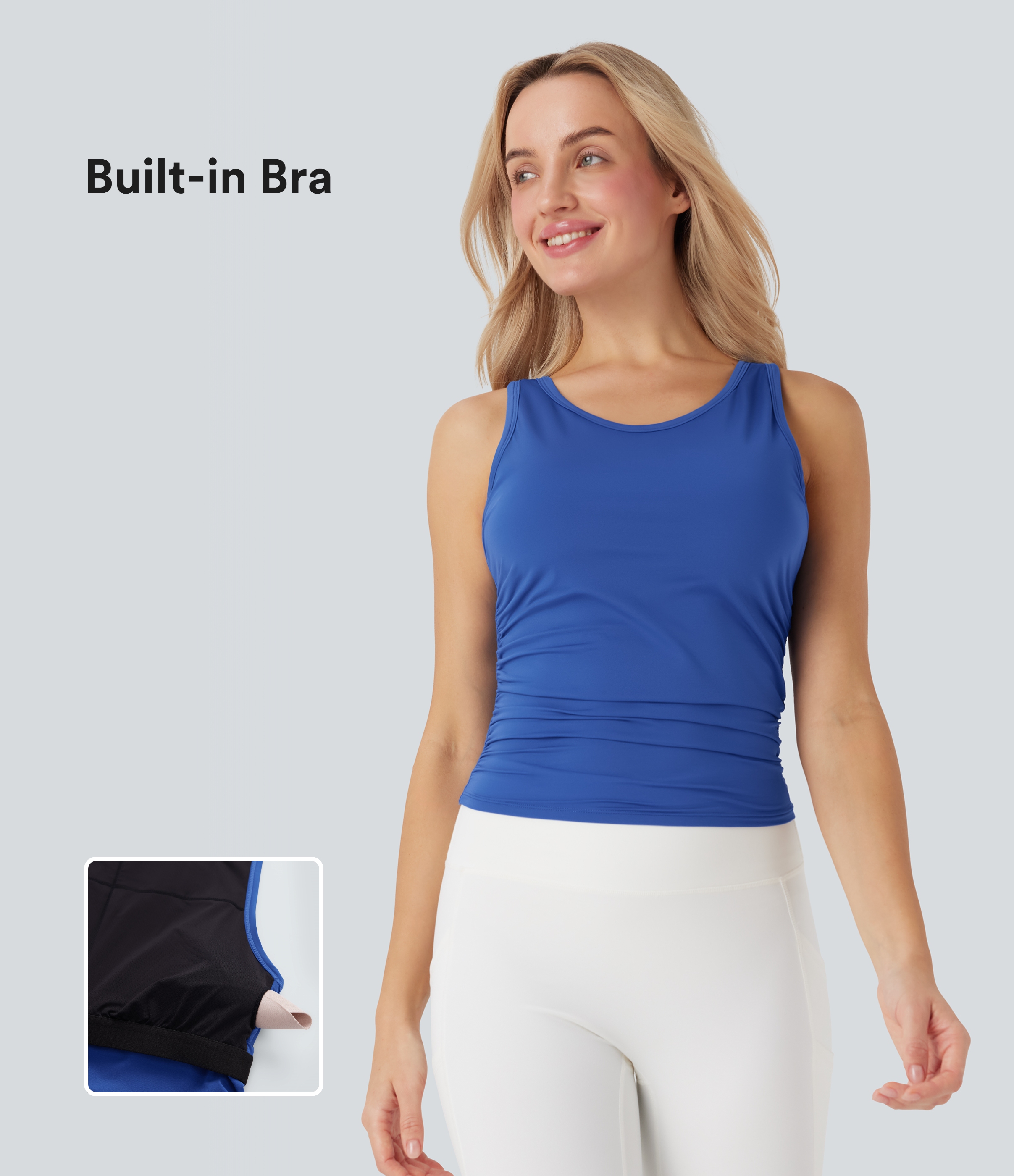 Top de yoga de tacto fresco con cuello redondo espalda cruzada, fruncido y sujetador incorporado